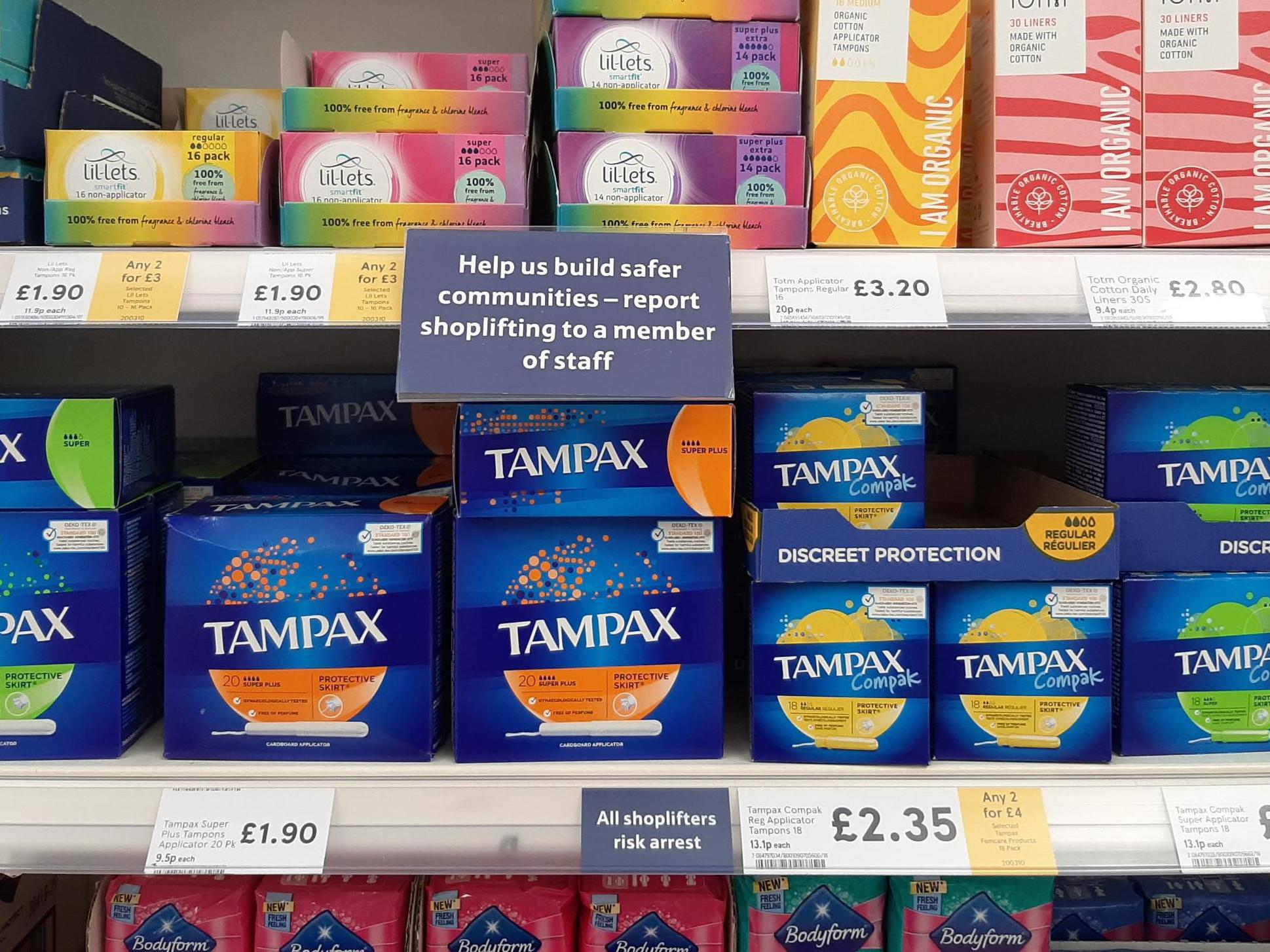 Tesco used anti-shoplifting signs for feminine hygeine products in Kensington store