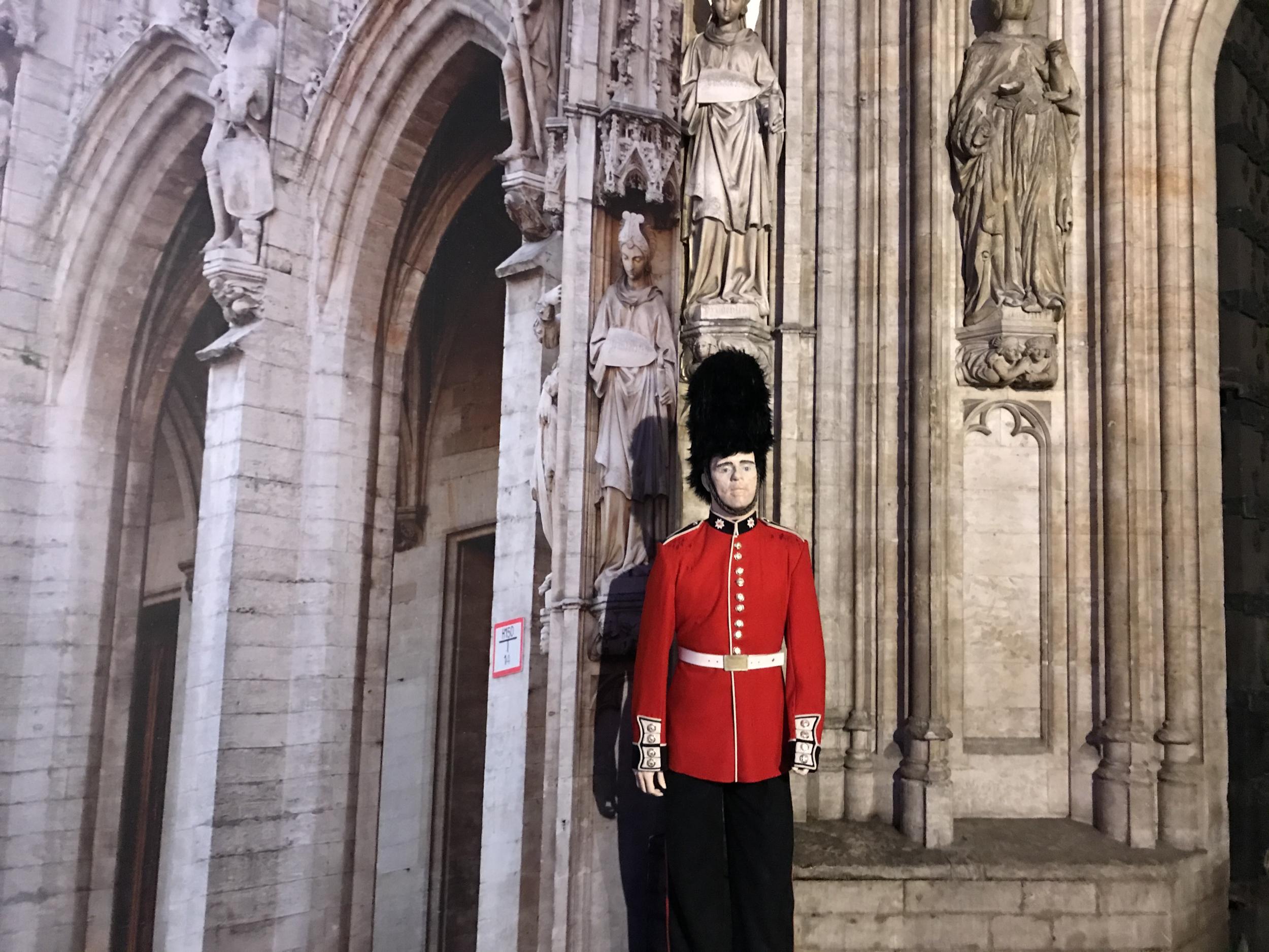 Mock redcoats stood guard outside the city hall