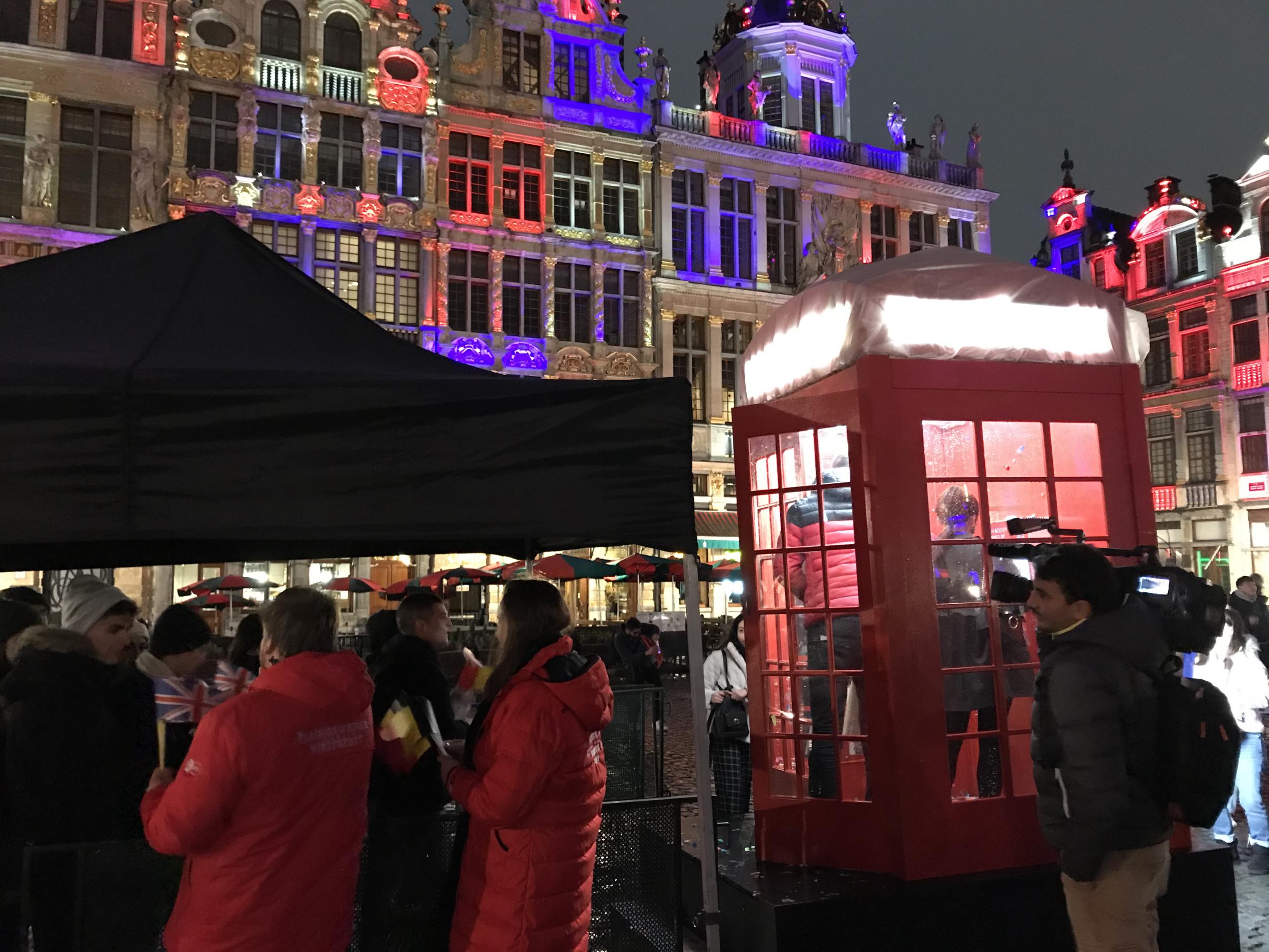 The square featured several versions of the British red phone box