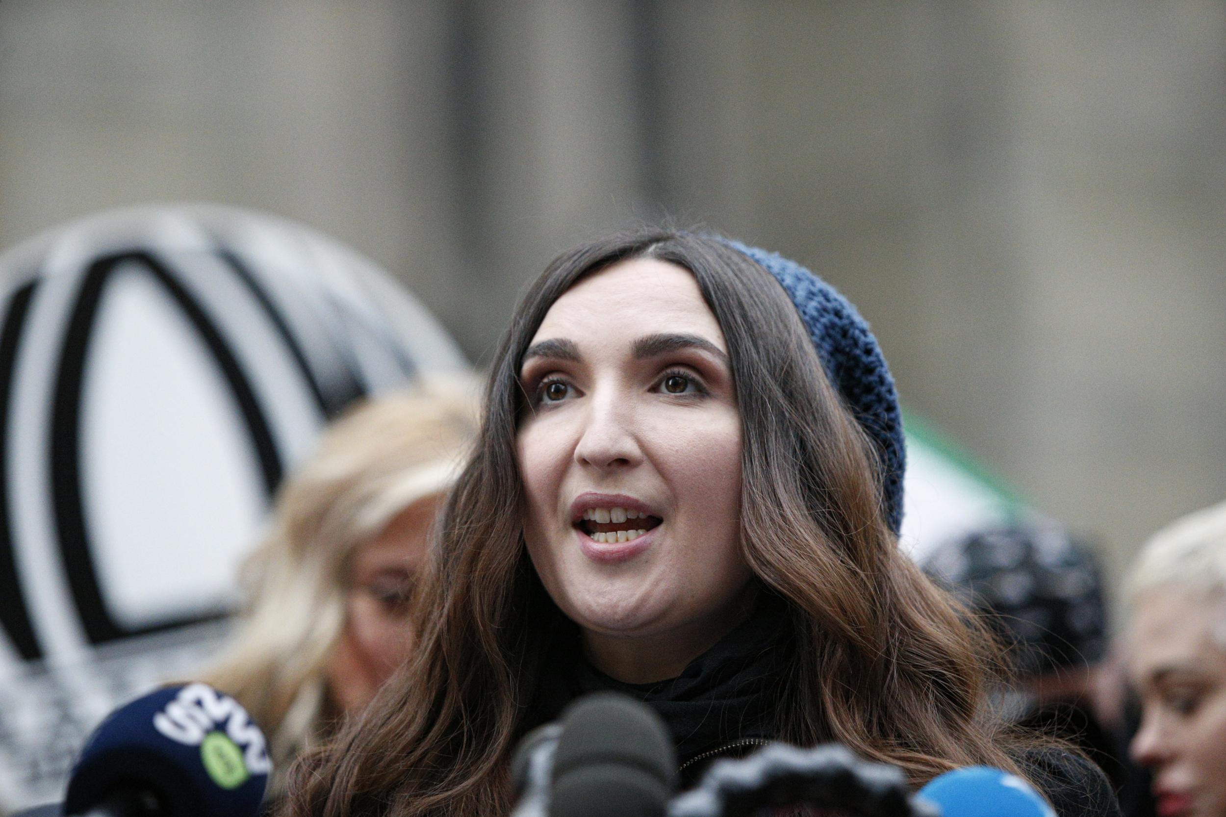 Sarah Ann Masse speaks at a press conference outside the court on 6 January 2020 in New York City, on day one of Harvey Weinstein's trial.