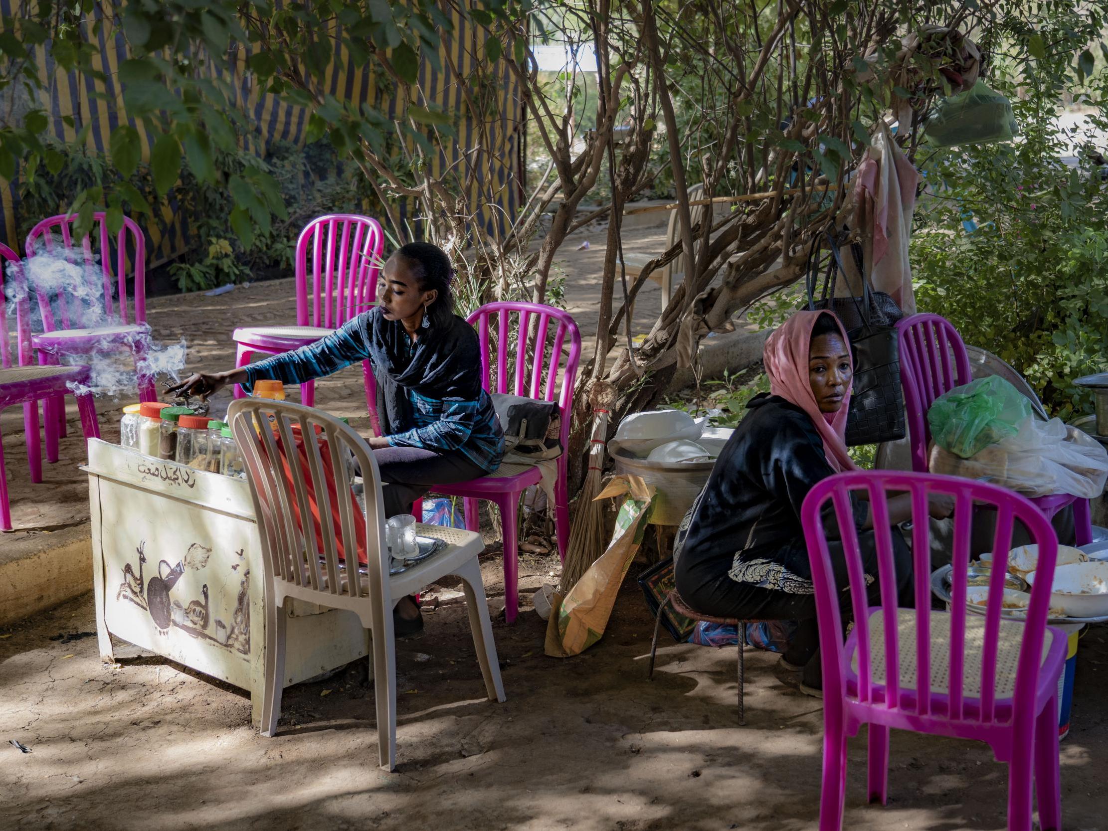 Sellers set up their stalls in Khartoum, Sudan