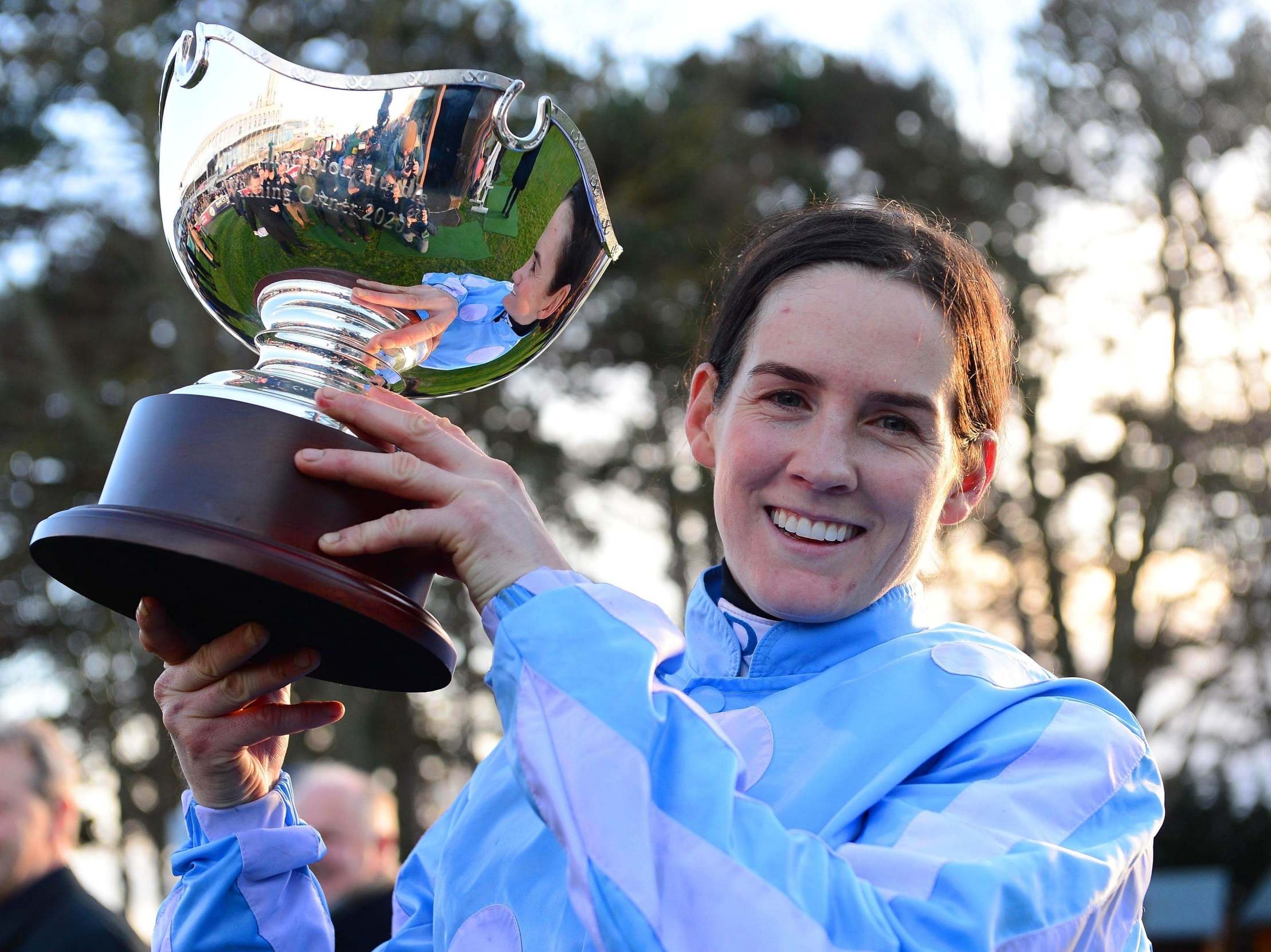 Jockey Rachael Blackmore with the trophy after Honeysuckle won the PCI Irish Champion Hurdle