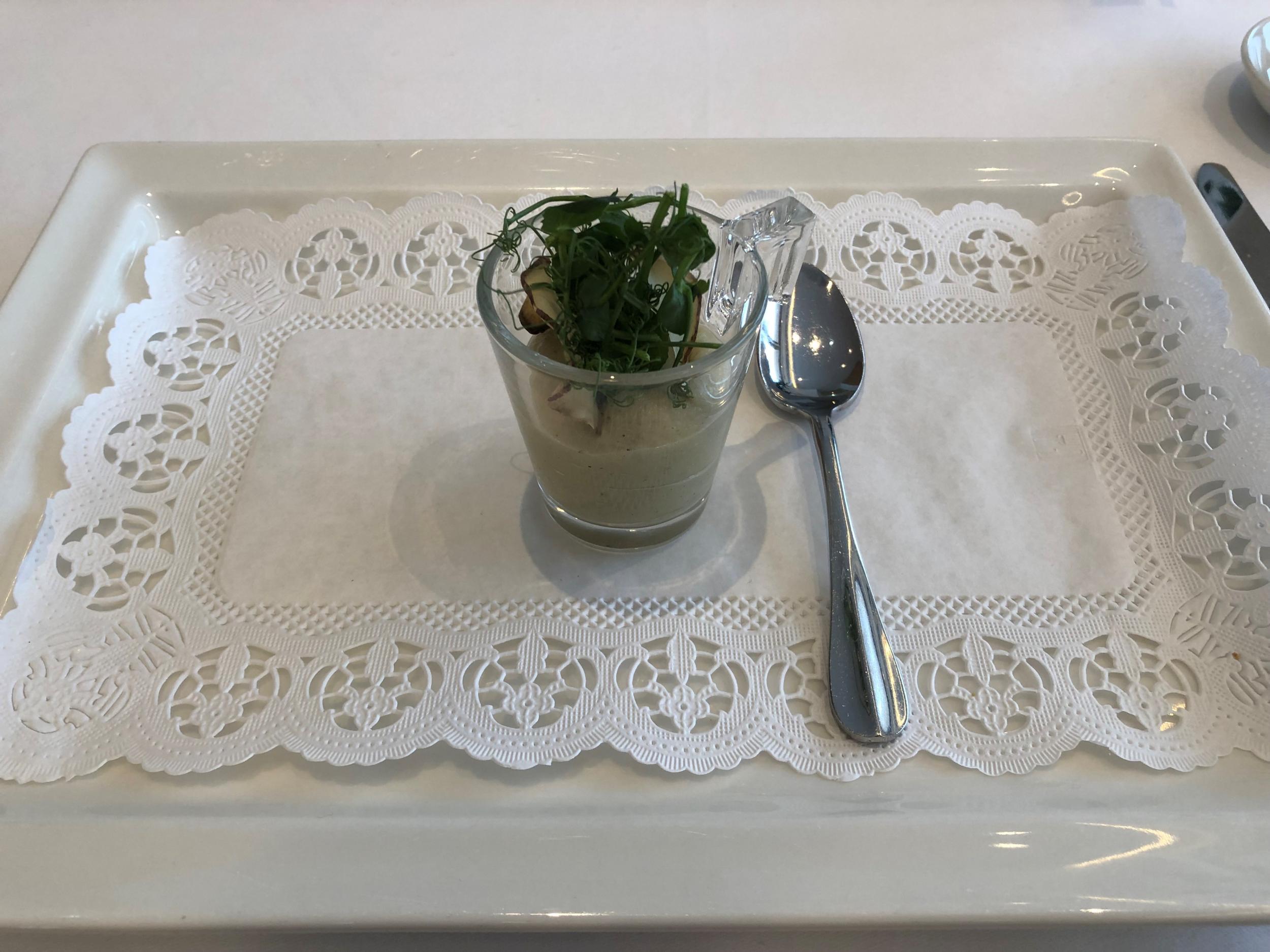 Breakfast is an egg cup of chopped parsley