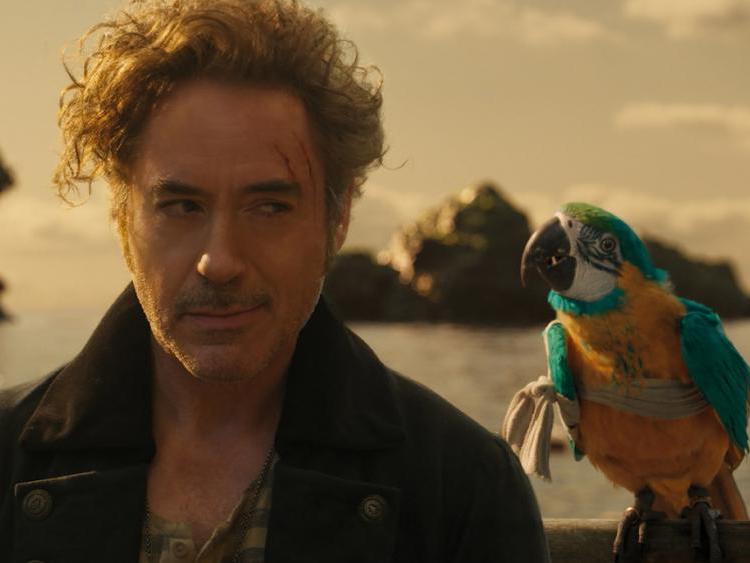 Robert Downey Jr as Dr John Dolittle alongside a talking parrot voiced by Emma Thompson