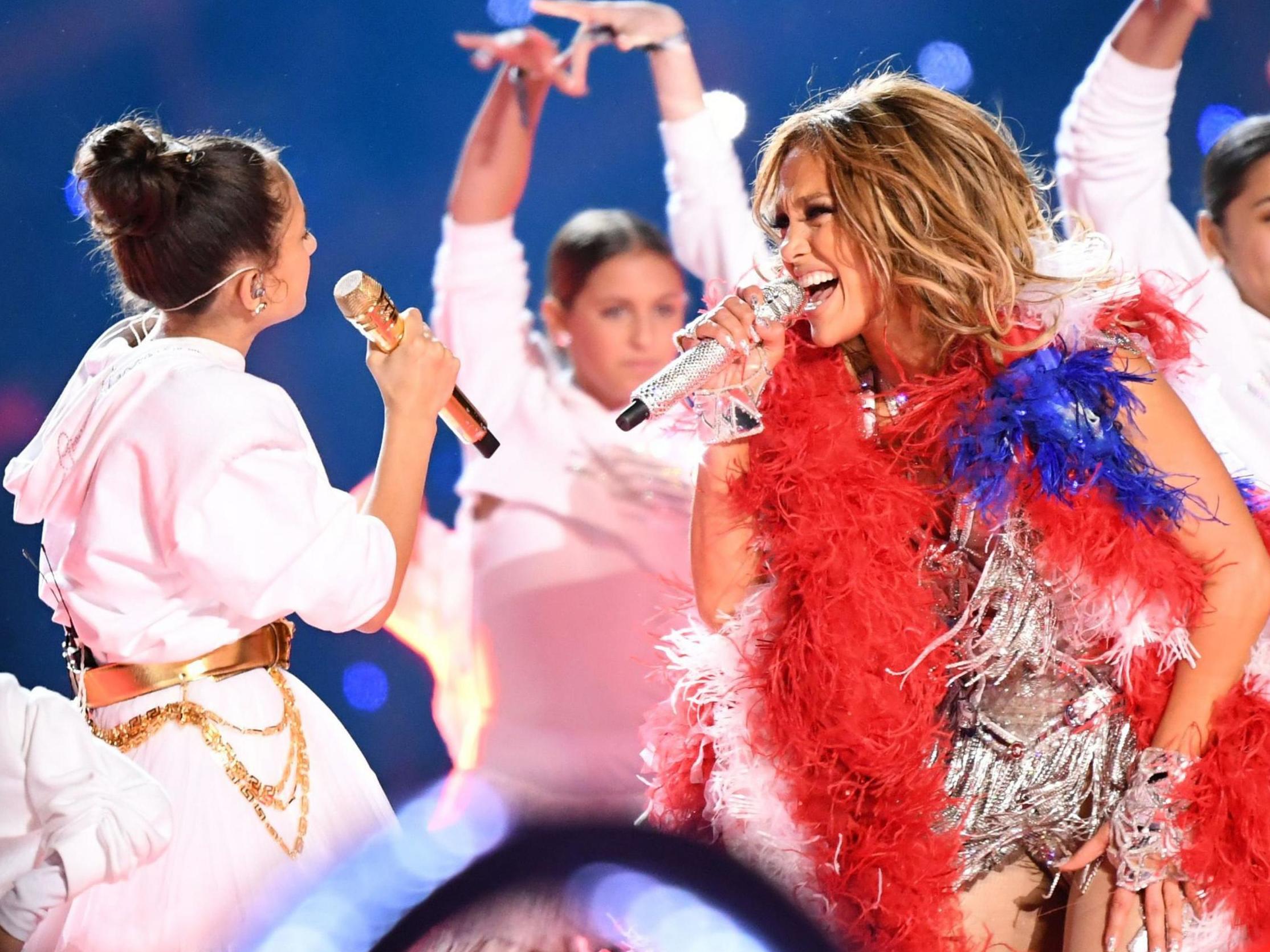 Emme Maribel Muñiz and Jennifer Lopez perform at the Super Bowl halftime show on 2 February 2020 in Miami, Florida