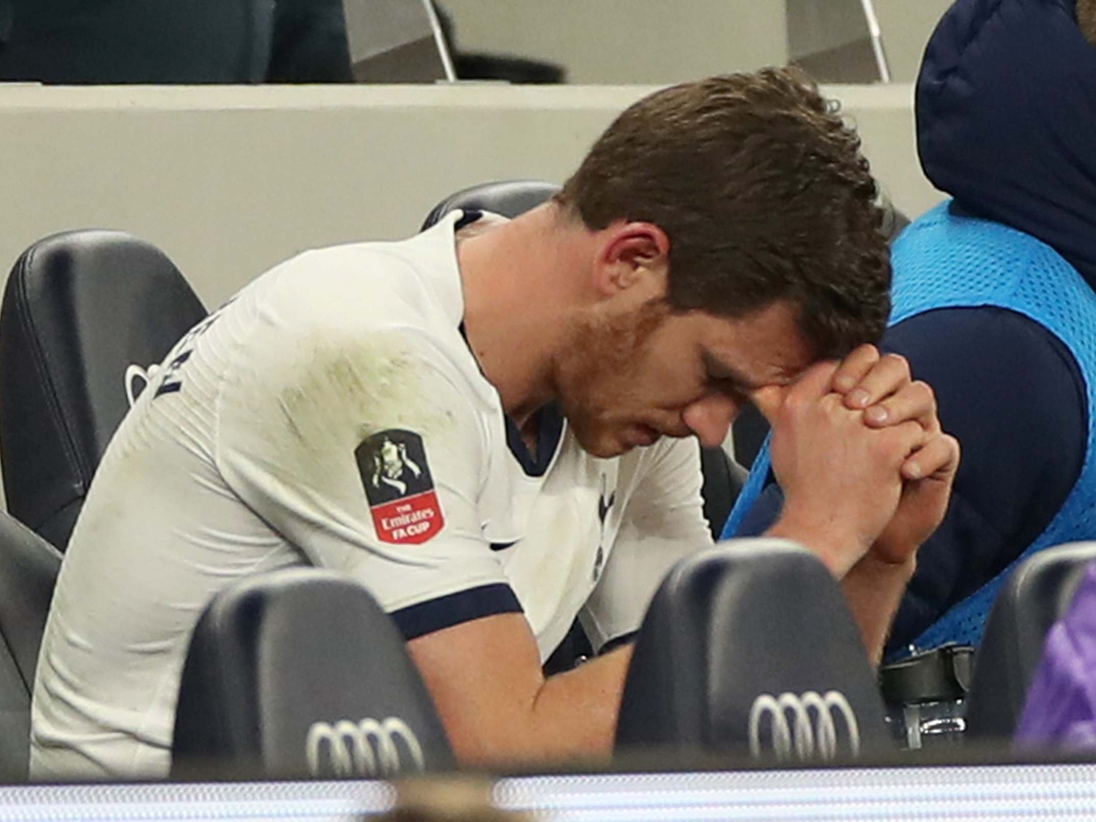 Vertonghen is seen upset on the bench