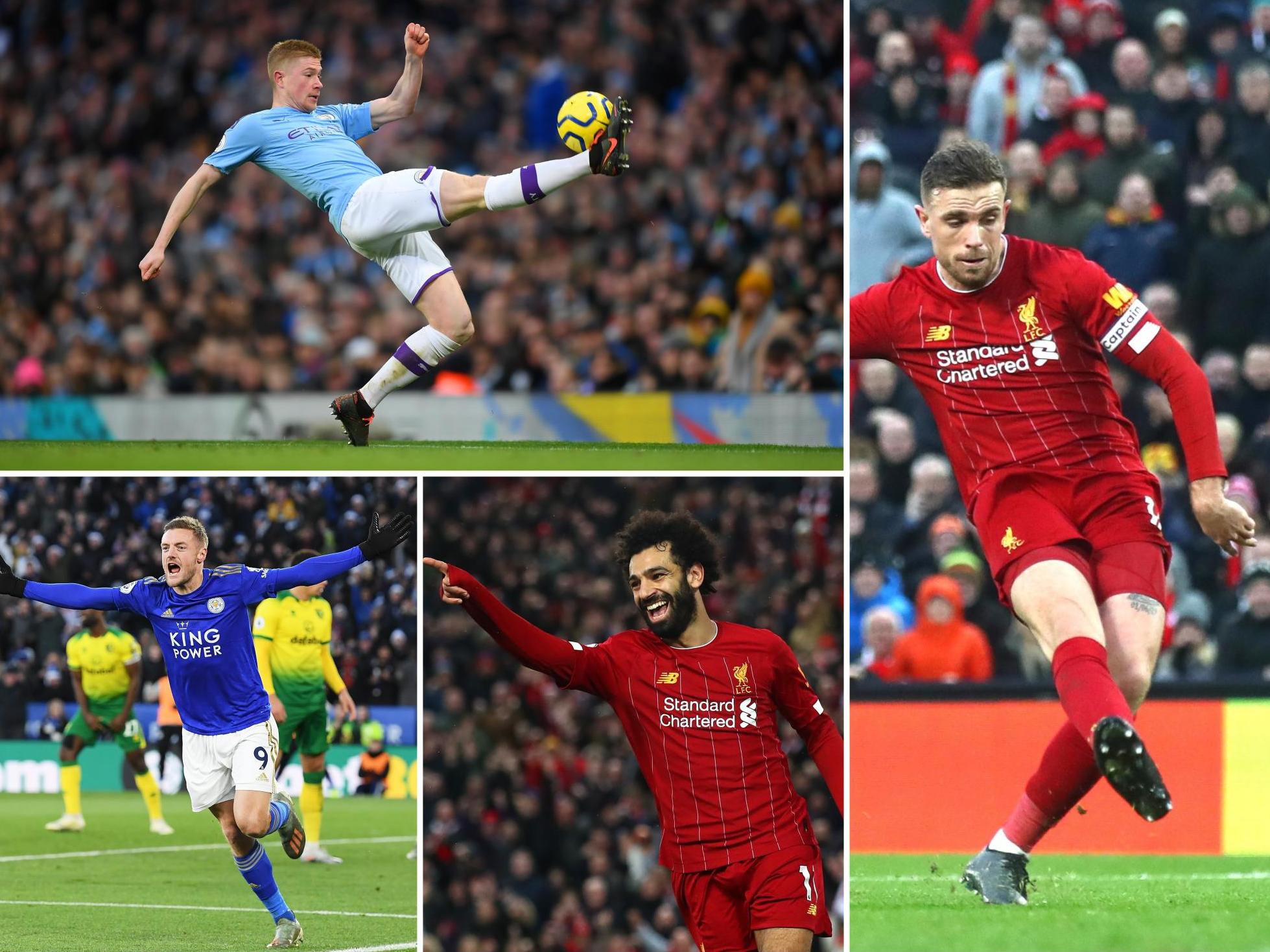 Clockwise from right: Jordan Henderson, Mo Salah, Jamie Vardy, Kevin De Bruyne