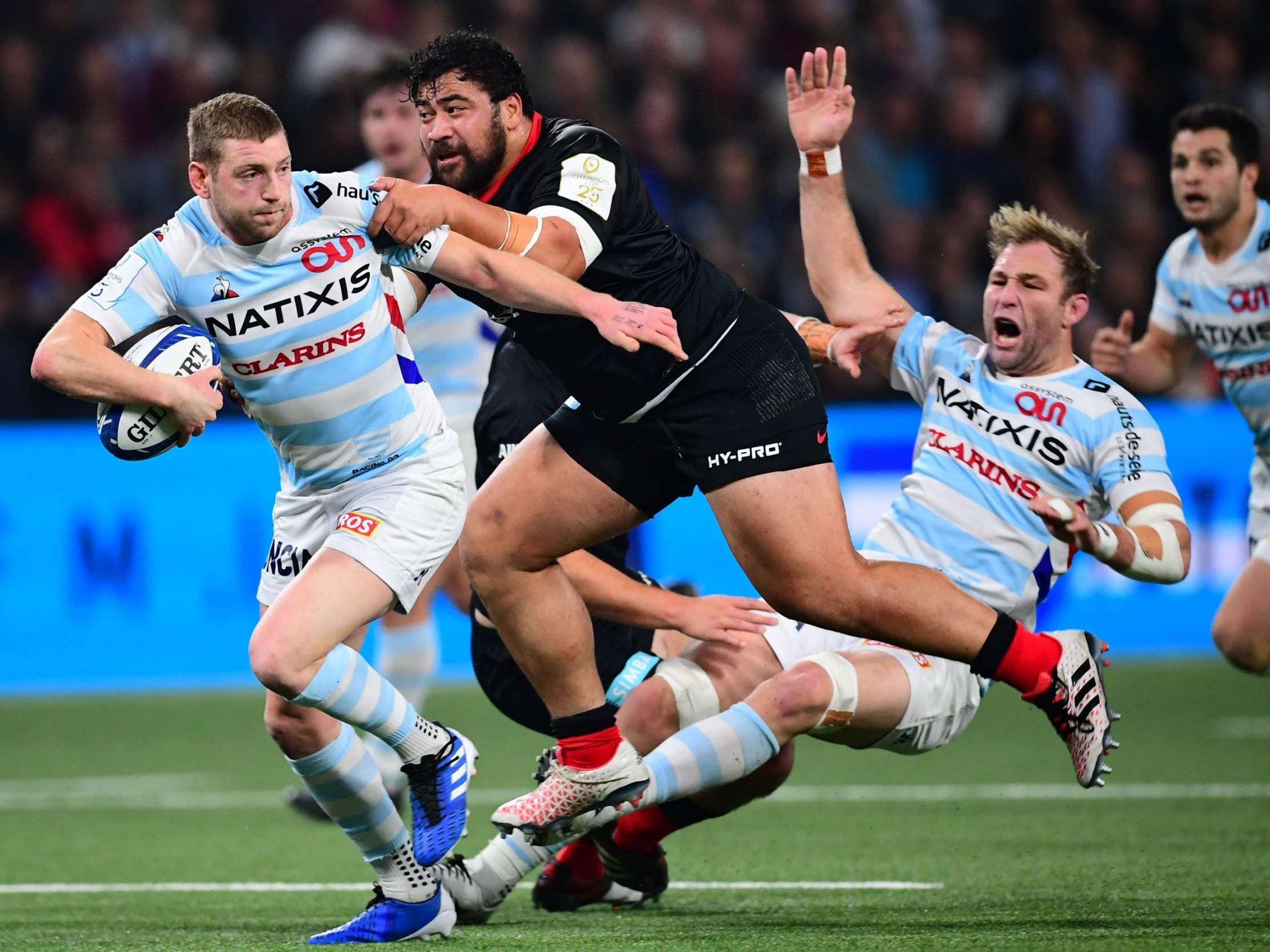 Titi Lamositele, centre, in action for Saracens against Racing 92