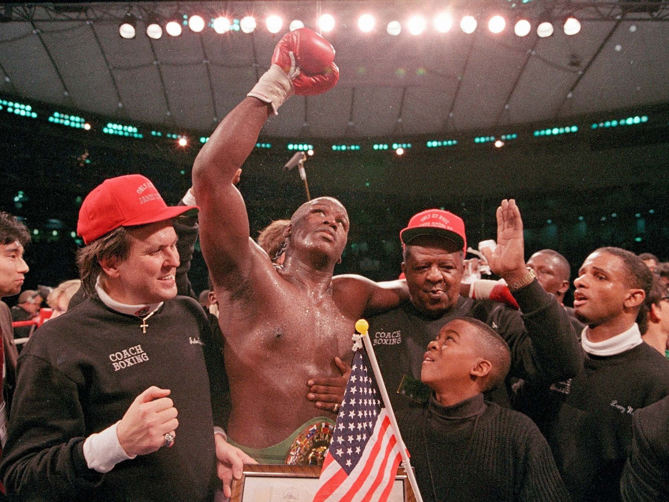 Buster Douglas celebrates his victory at the Tokyo Dome