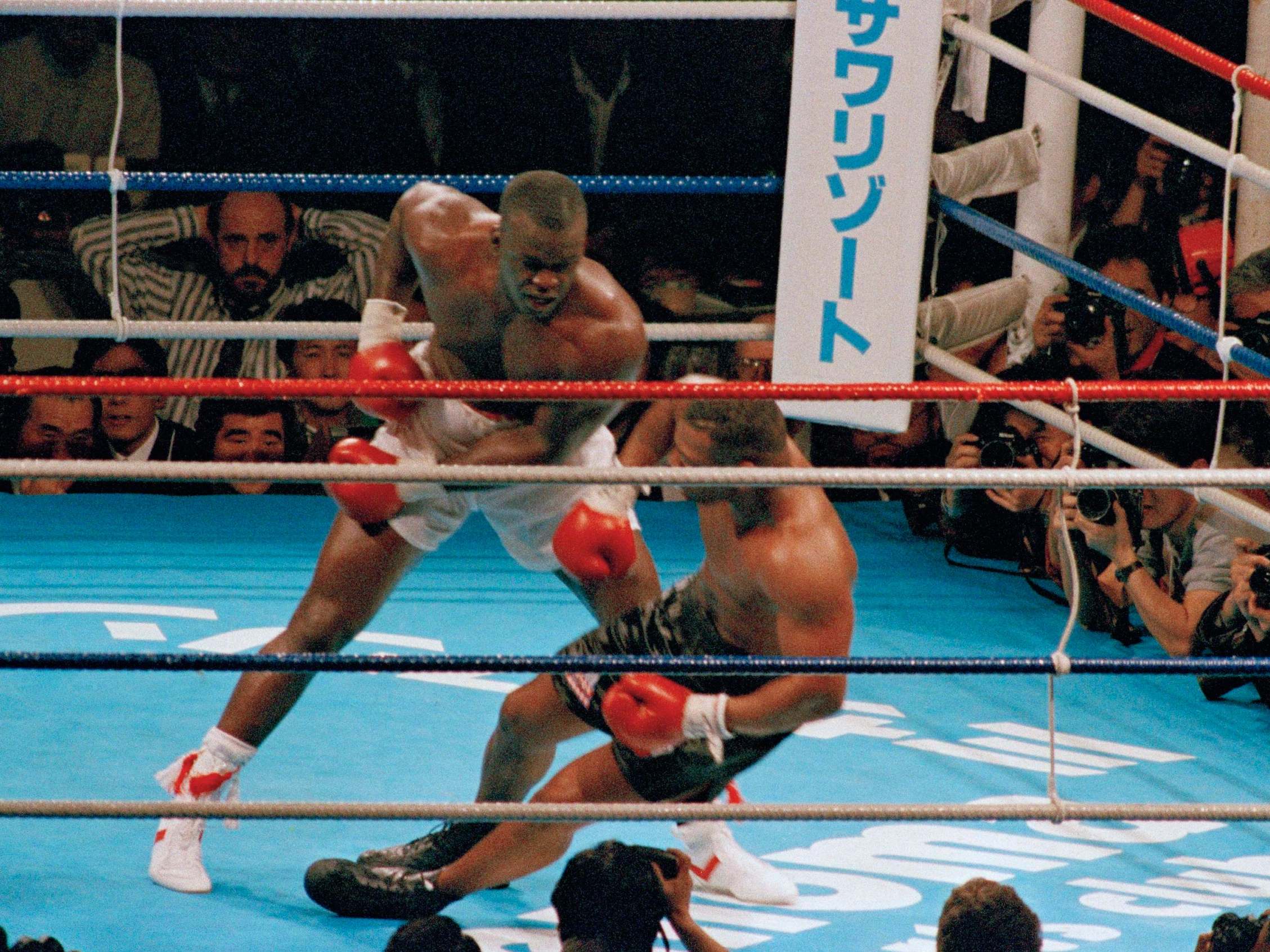 James Douglas drops Mike Tyson to the canvas in the 10th round of their heavyweight champion bout