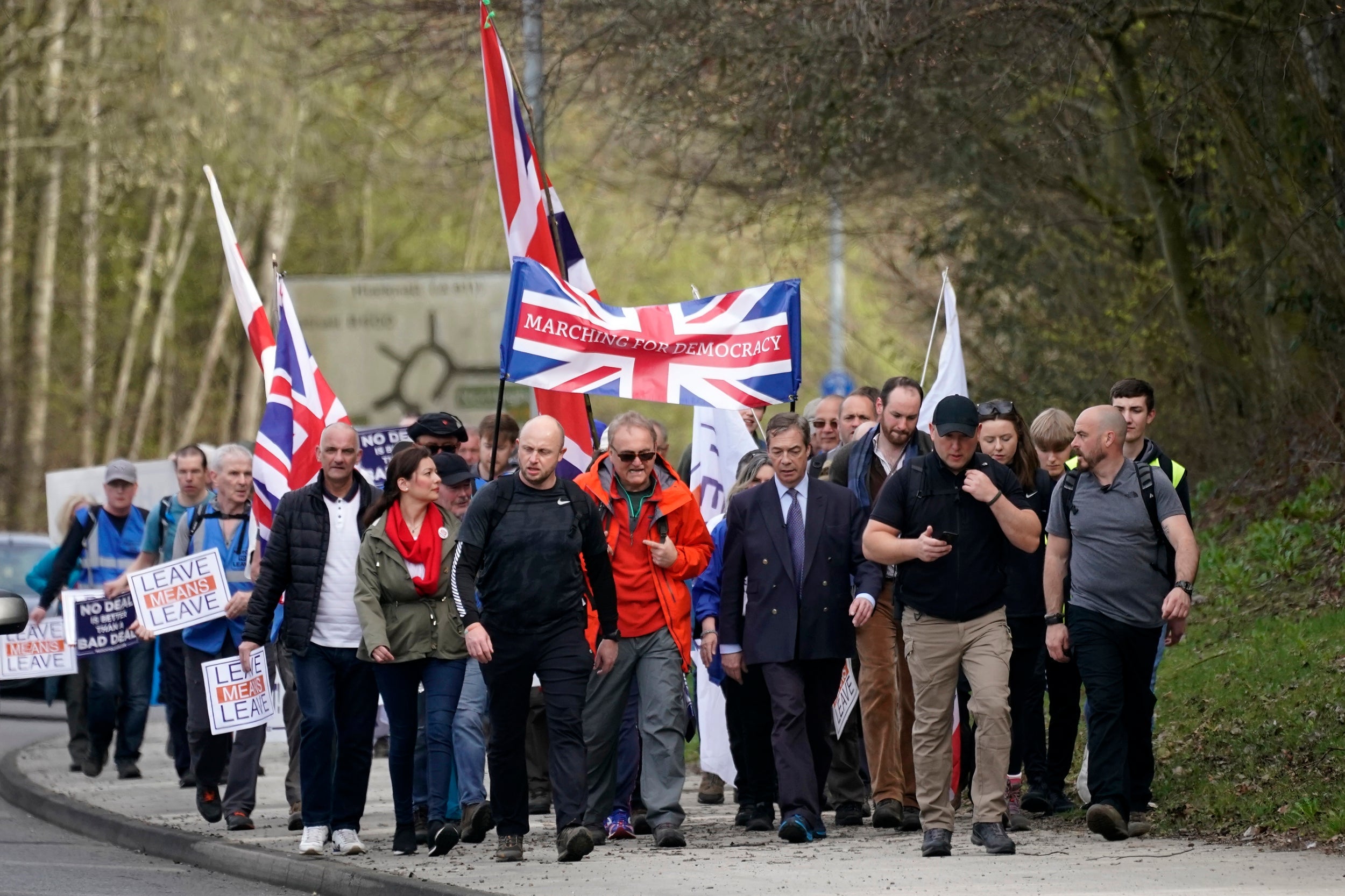 Nigel Farage leads a Leave march in Nottingham, in March 2019