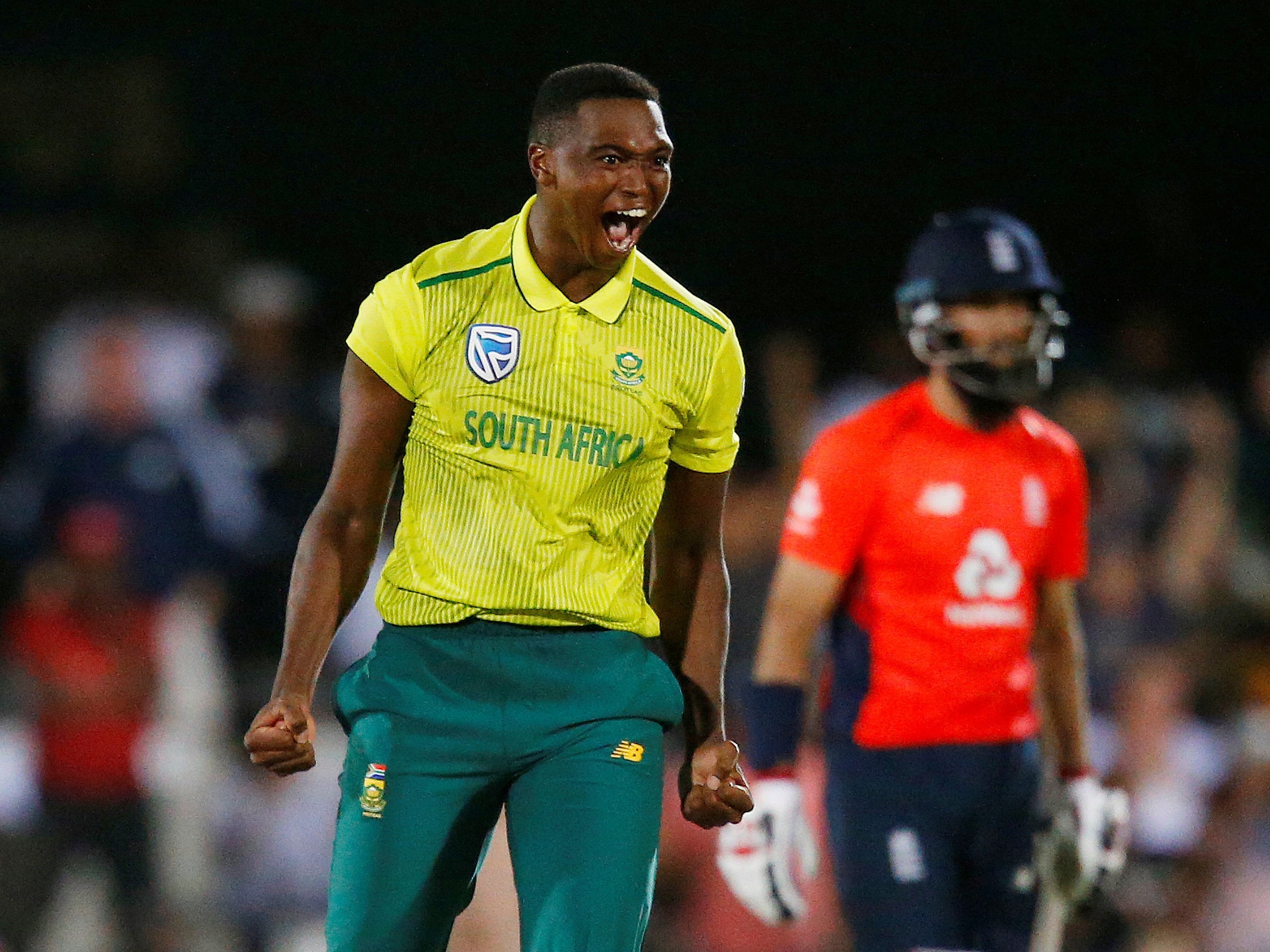 Lungi Ngidi celebrates the wicket of England’s Moeen Ali