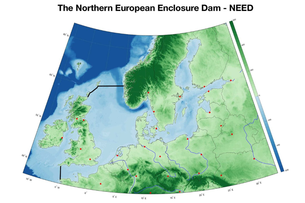 The Northern European Enclosure Dam would mean a 100-mile dam between Cornwall and Brittany and a 300-mile dam between northeast Scotland and west Norway