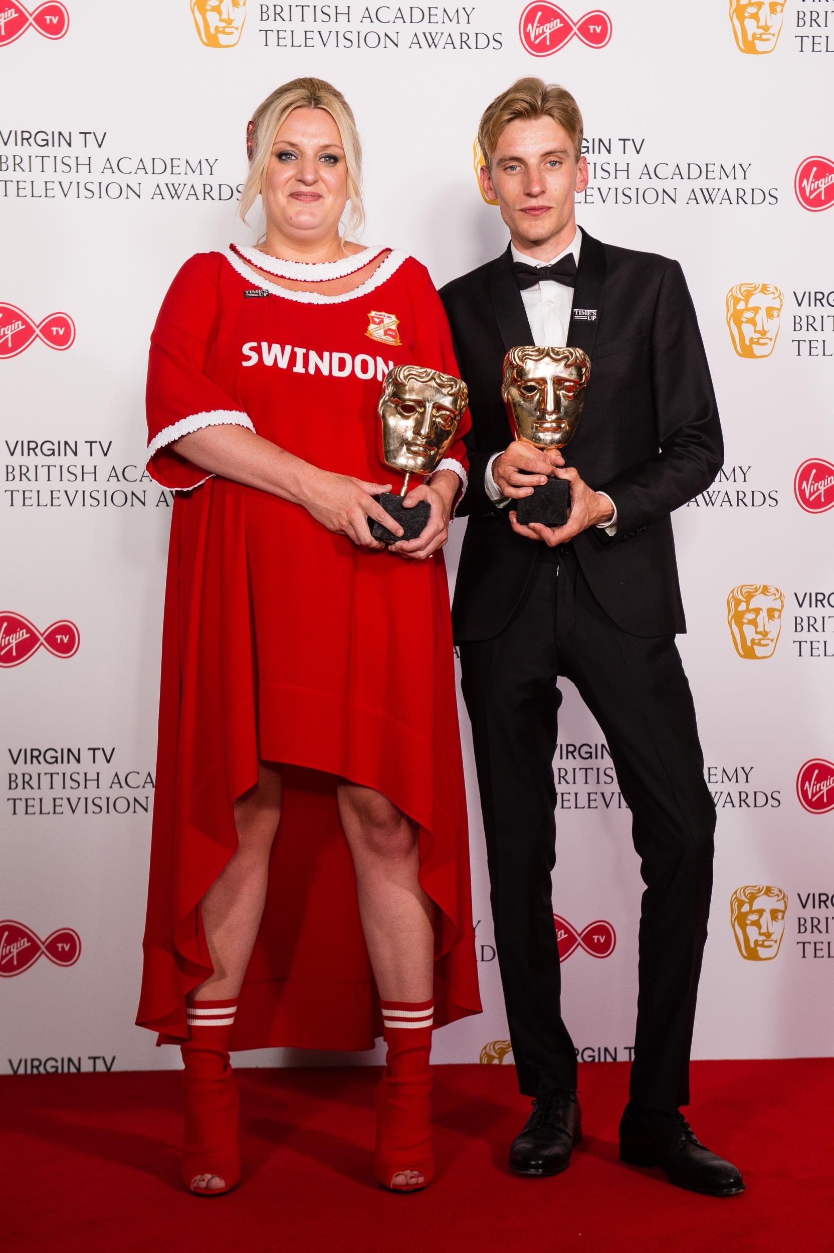 Daisy May and Charlie Cooper with their Bafta for Scripted Comedy in 2018