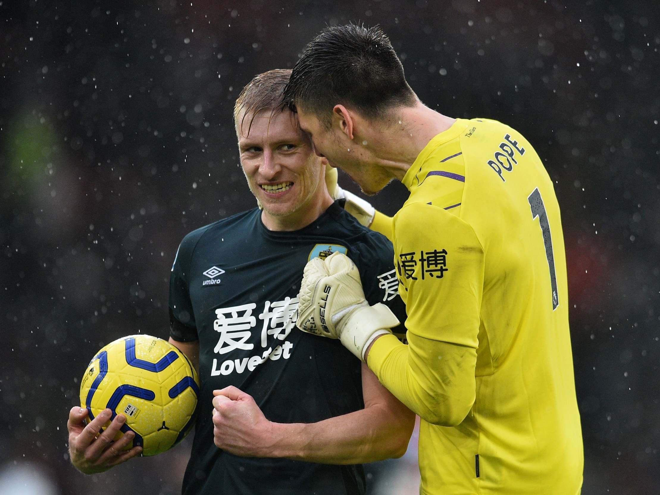 Matej Vydra and Nick Pope celebrate after the final whistle