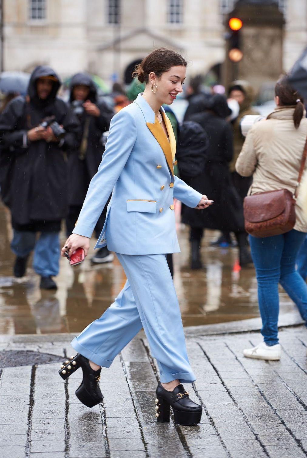 The blue double breasted suit by Racil and Gucci platforms were borrowed from Hurr Collective (Rex)