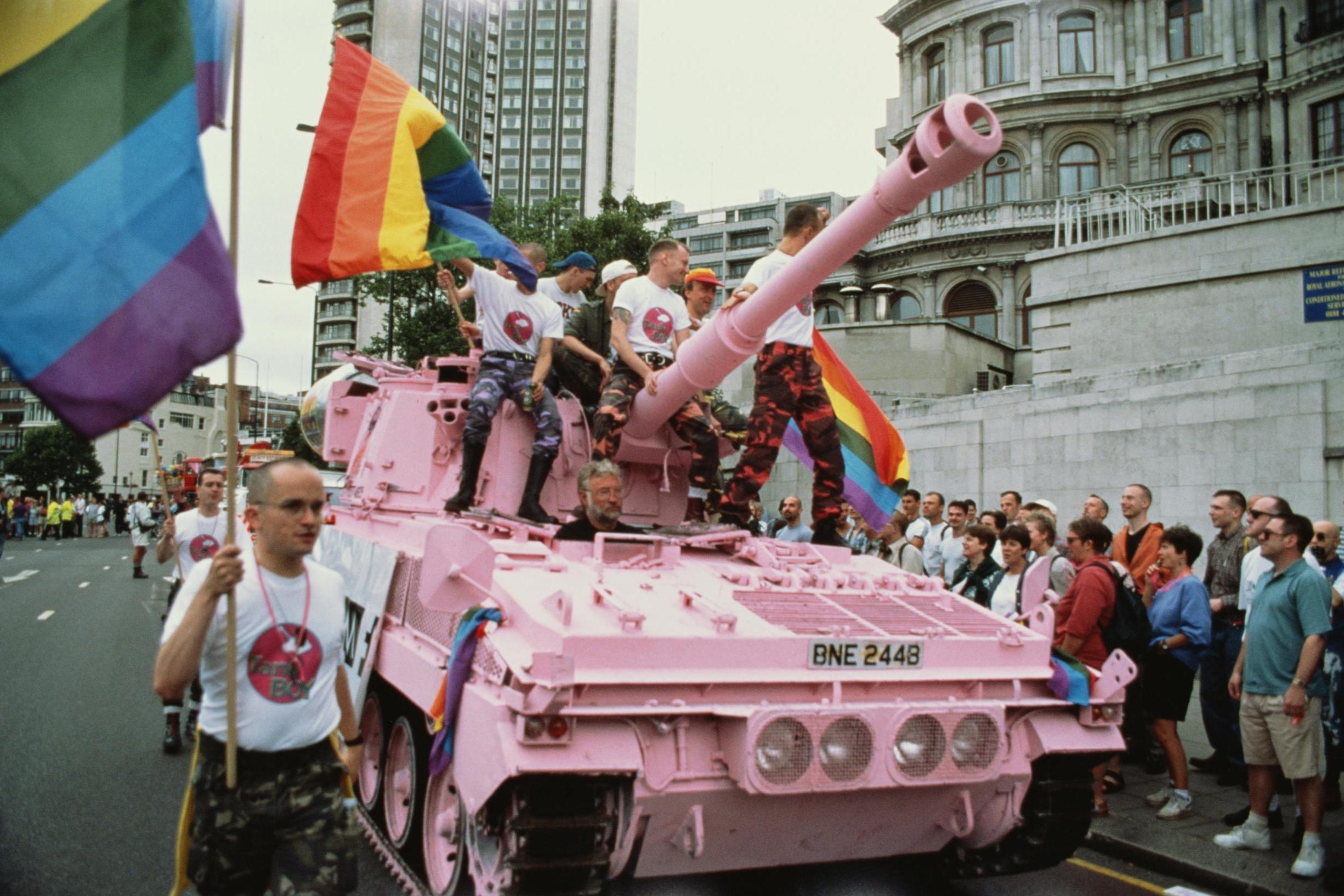 A pink tank parades through London at a Gay Pride event in 1995 (Getty)