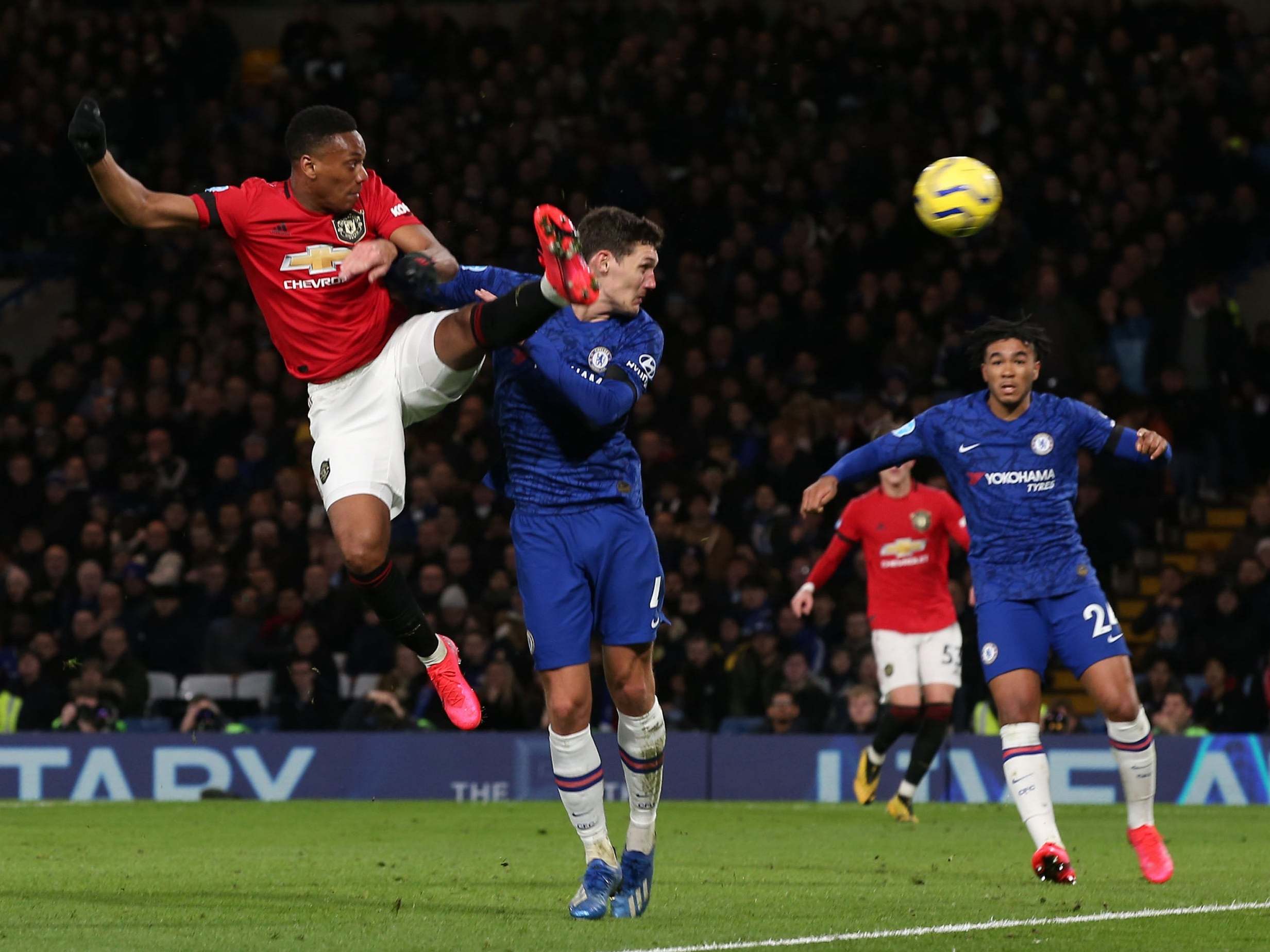 Anthony Martial heads United in front at Stamford Bridge