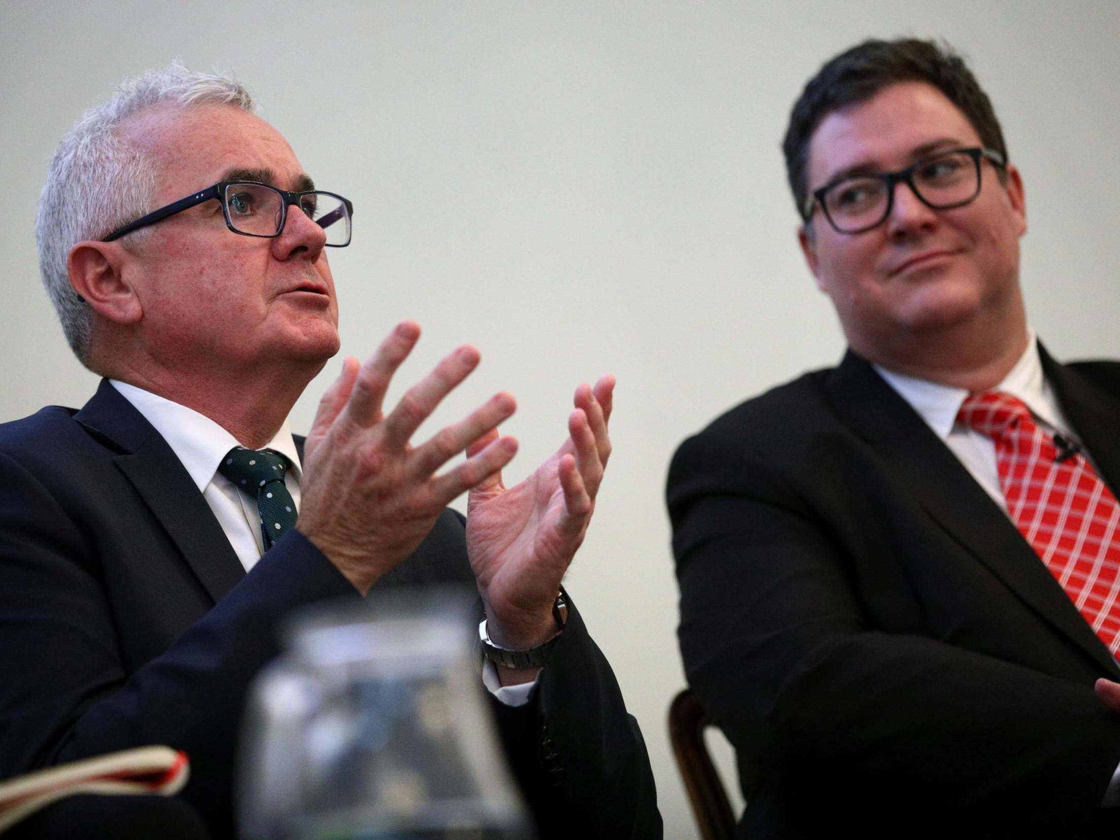 Australian MPs Andrew Wilkie and George Christensen attend a news conference ahead of WikiLeaks founder Julian Assange's U.S. extradition case, in London