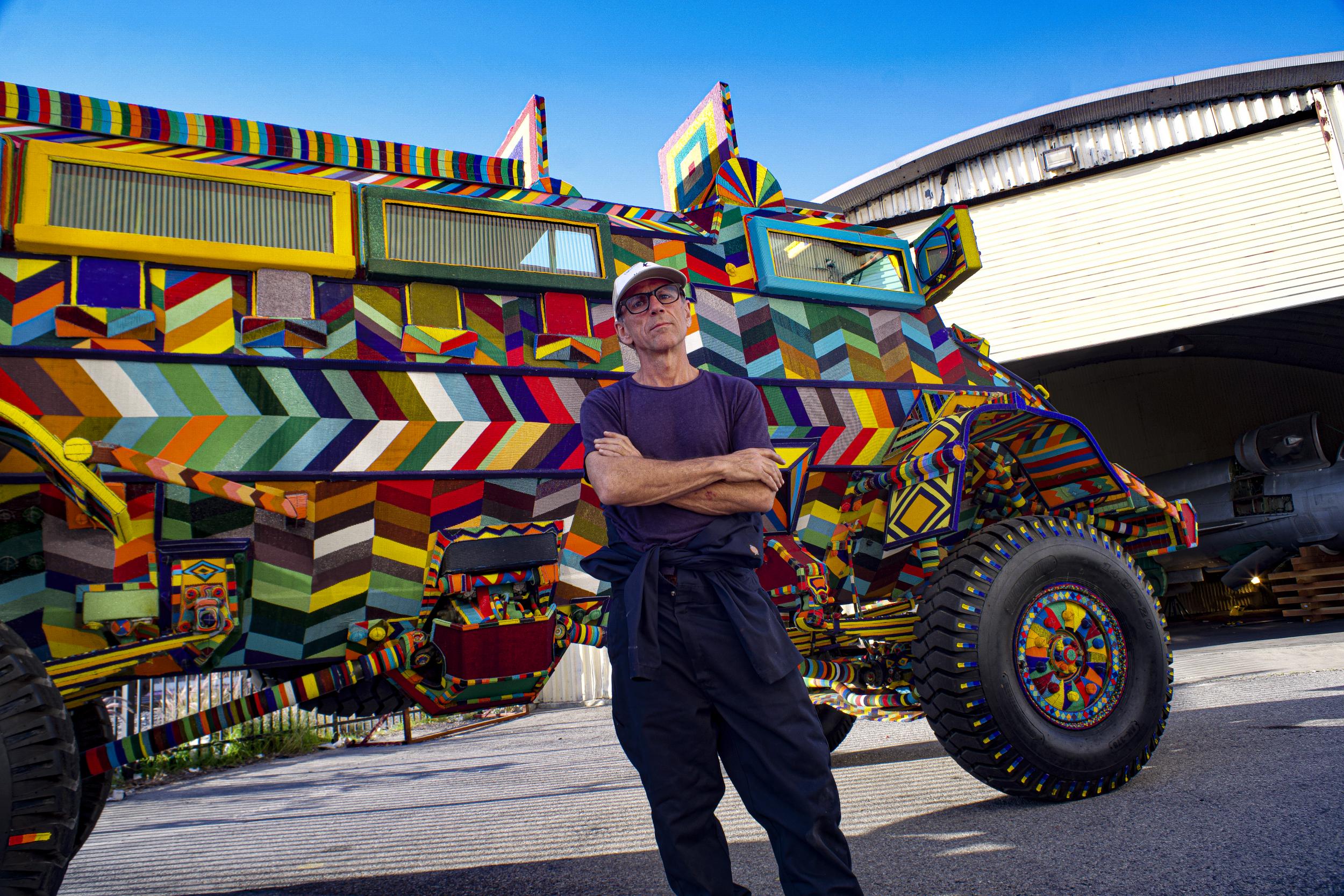 The artist Ralph Ziman is exhibiting an Apartheid-era Casspir vehicle covered in 70 million African beads at the San Francisco Tribal and Textile Art Show