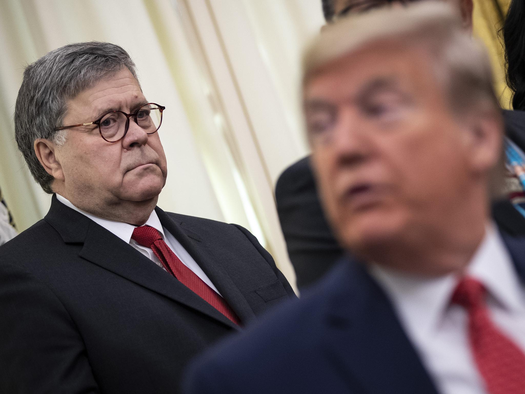 William Barr, left, has served as attorney general in the Trump administration since February 2019