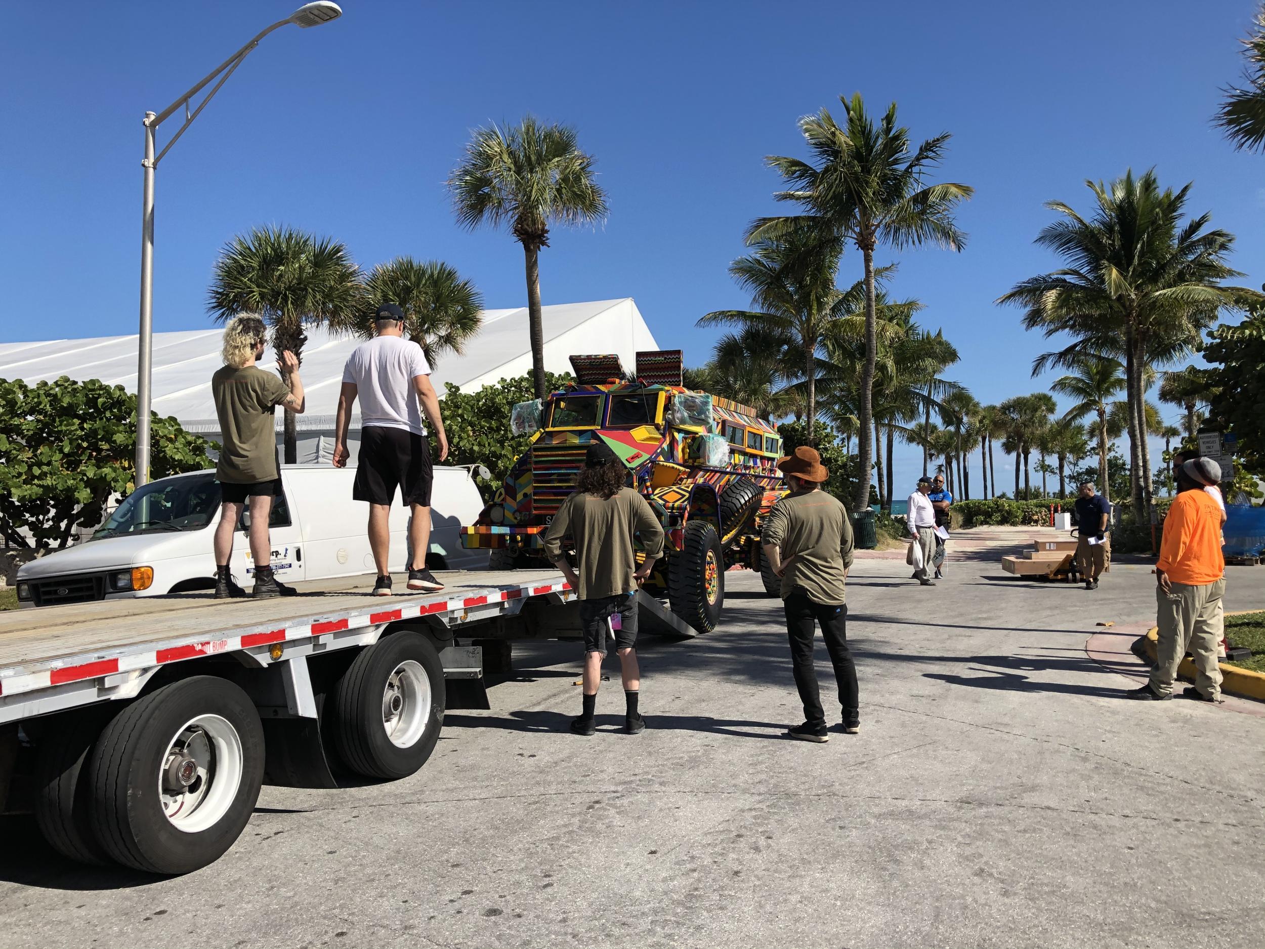 The Casspir being transported on a flatbed around the US to various exhibitions (Photo courtesy of The Rendon Gallery)