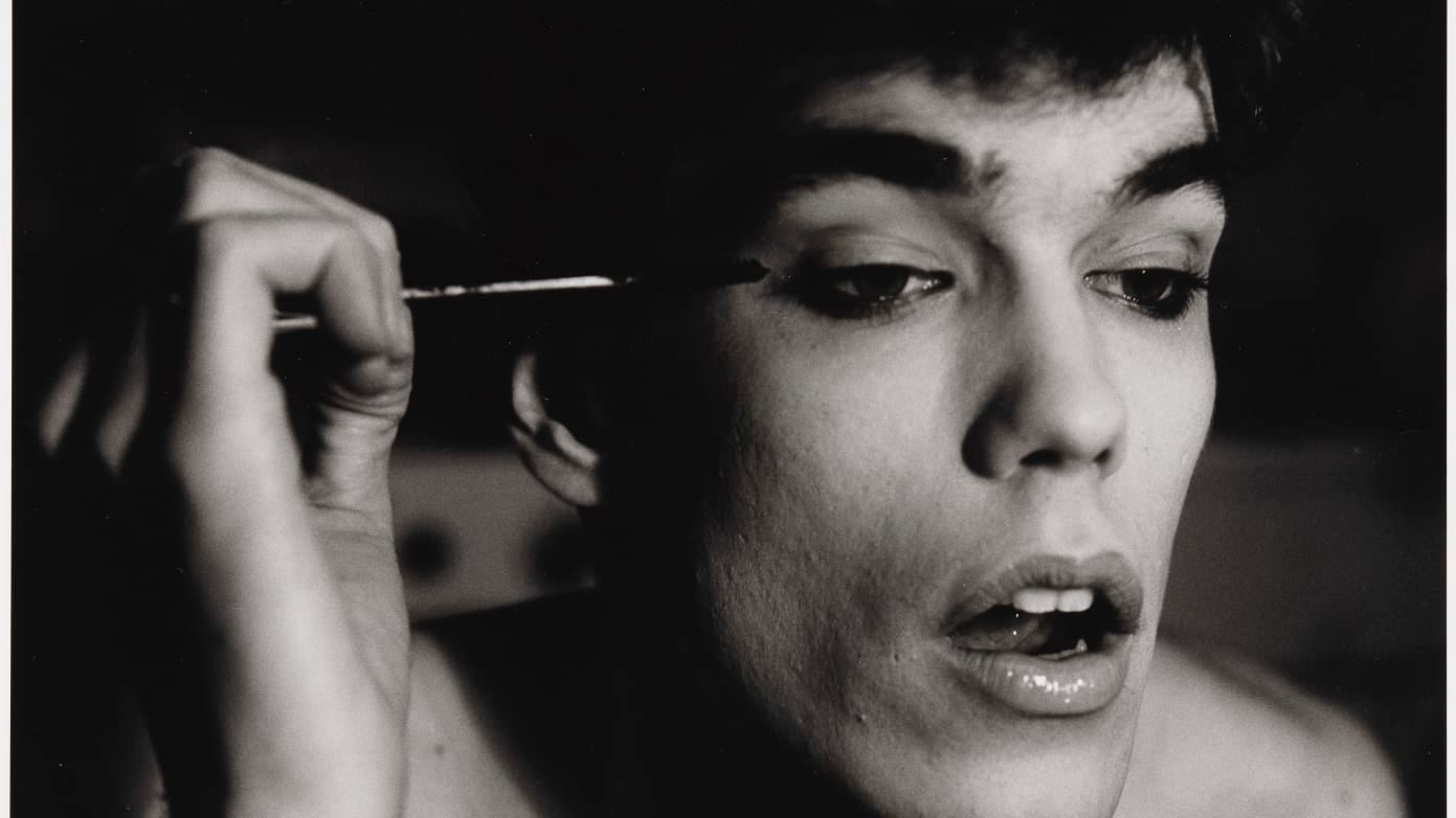 ‘David Brintzenhofe Applying Makeup’, which appears at the exhibition, by Peter Hujar (Pace/MacGill Gallery/New York and Fraenkel Gallery)