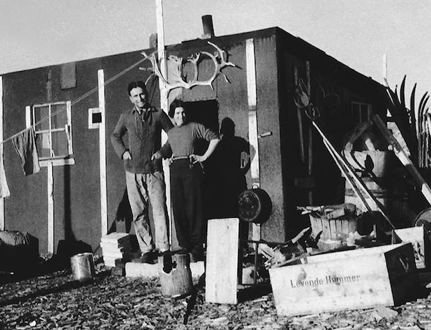 Christiane and her husband Hermann outside the hut at Grey Hook in summer