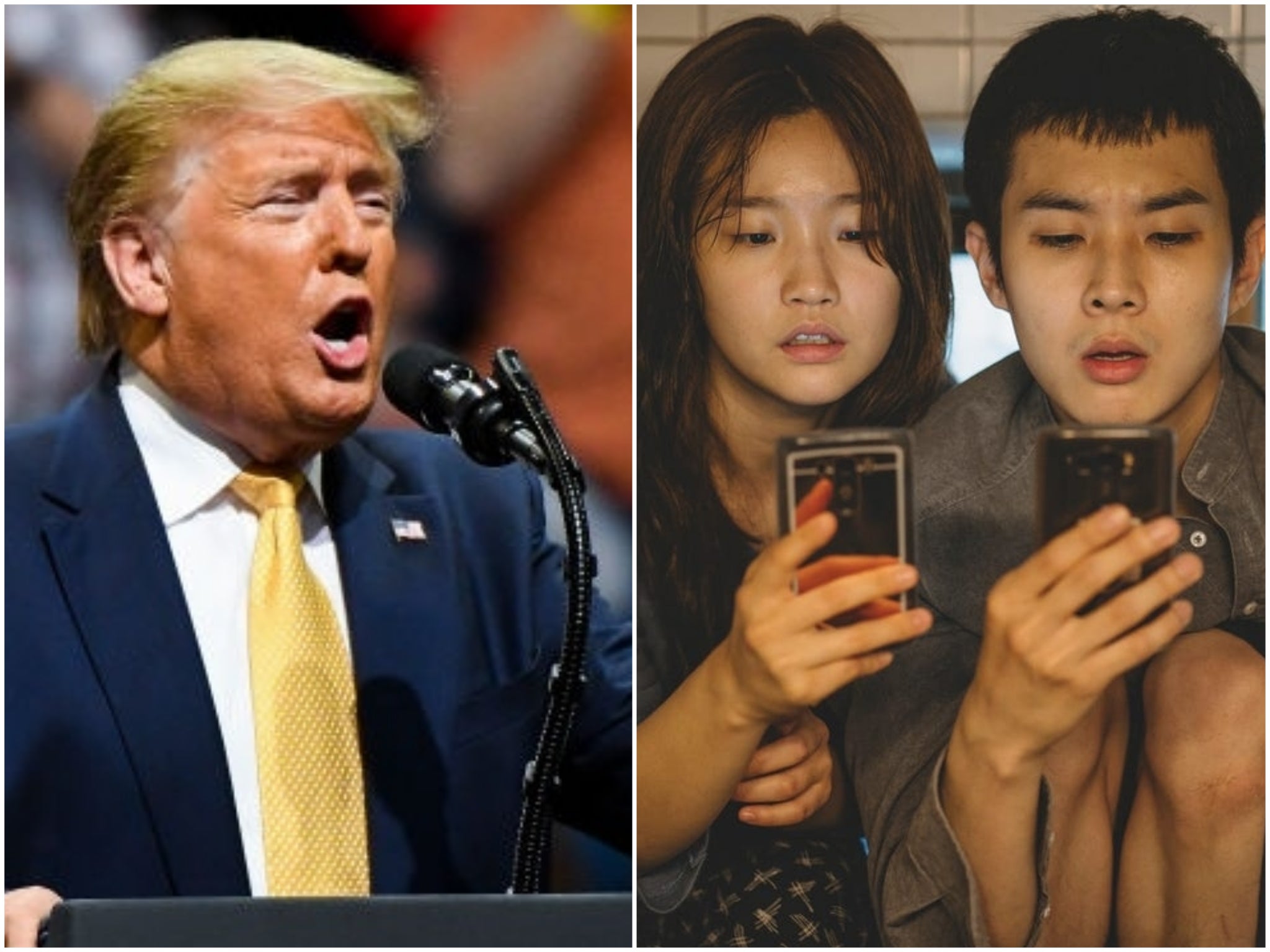 Not a fan: Donald Trump at his Colorado rally, and ‘Parasite’ stars Park So-dam and Choi Woo-shik