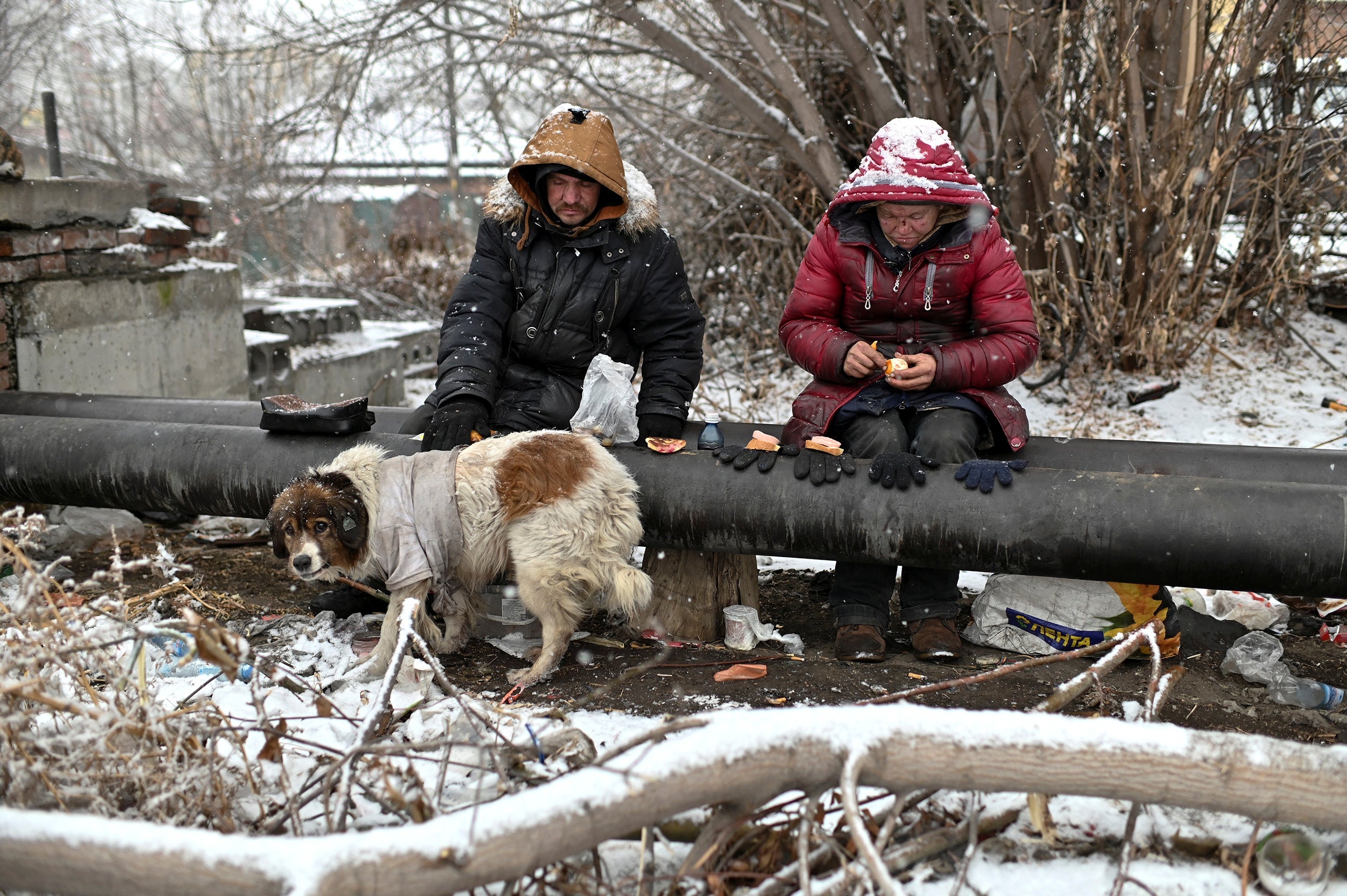 Sasha, 49, nicknamed Poltorashka (1,5-litre beverage bottle) and Lyusya Stepanova, 44, both of whom are homeless, sit on a warm pipe with their dog Bim, as they share a meal