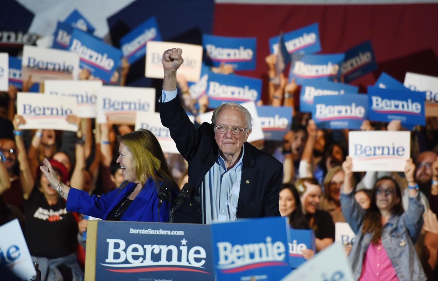 Sanders and his wife Jane celebrate as he is declared winner of the Nevada Caucus