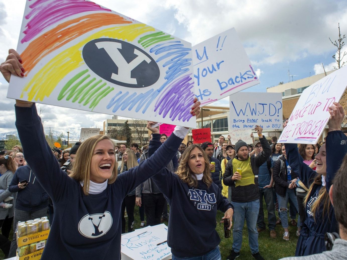 Protests at Brigham Young over the honour code on 12 April 2019 (Rick Egan/The Salt Lake Tribune/AP)