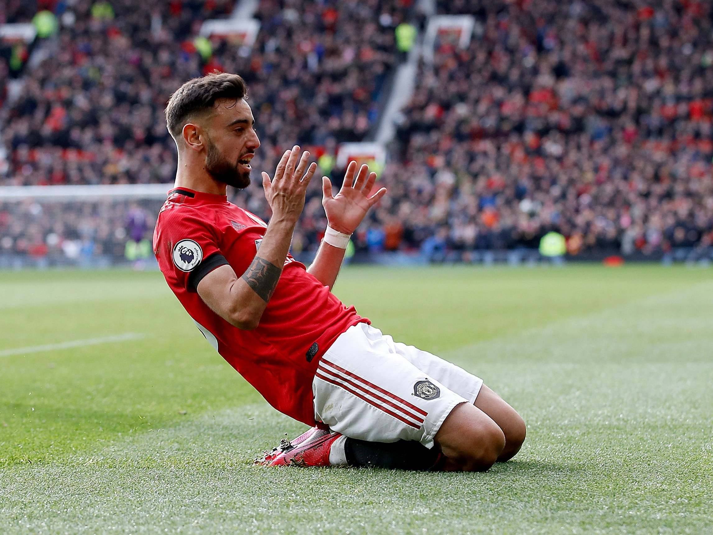 Bruno Fernandes celebrates scoring his first goal for Manchester United