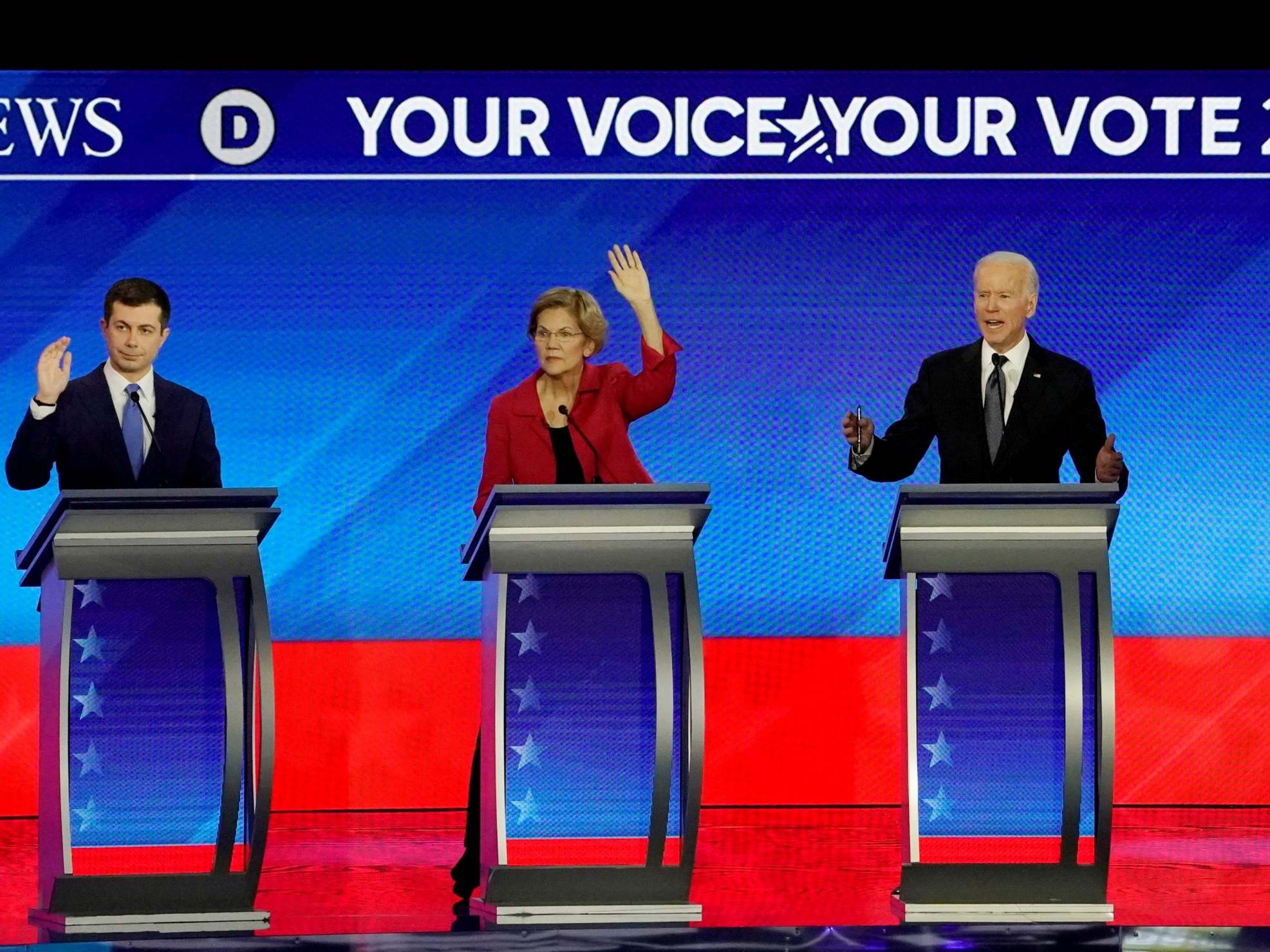 Left to right: Pete Buttigieg, Elizabeth Warren and Joe Biden