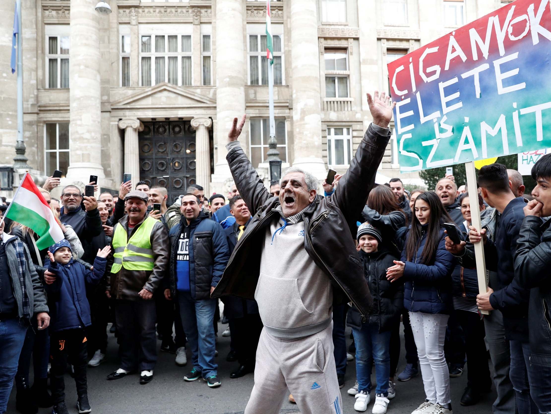 Protesters against the government's campaign on segregation of Roma children in Budapest Hungary on 23 February 2020