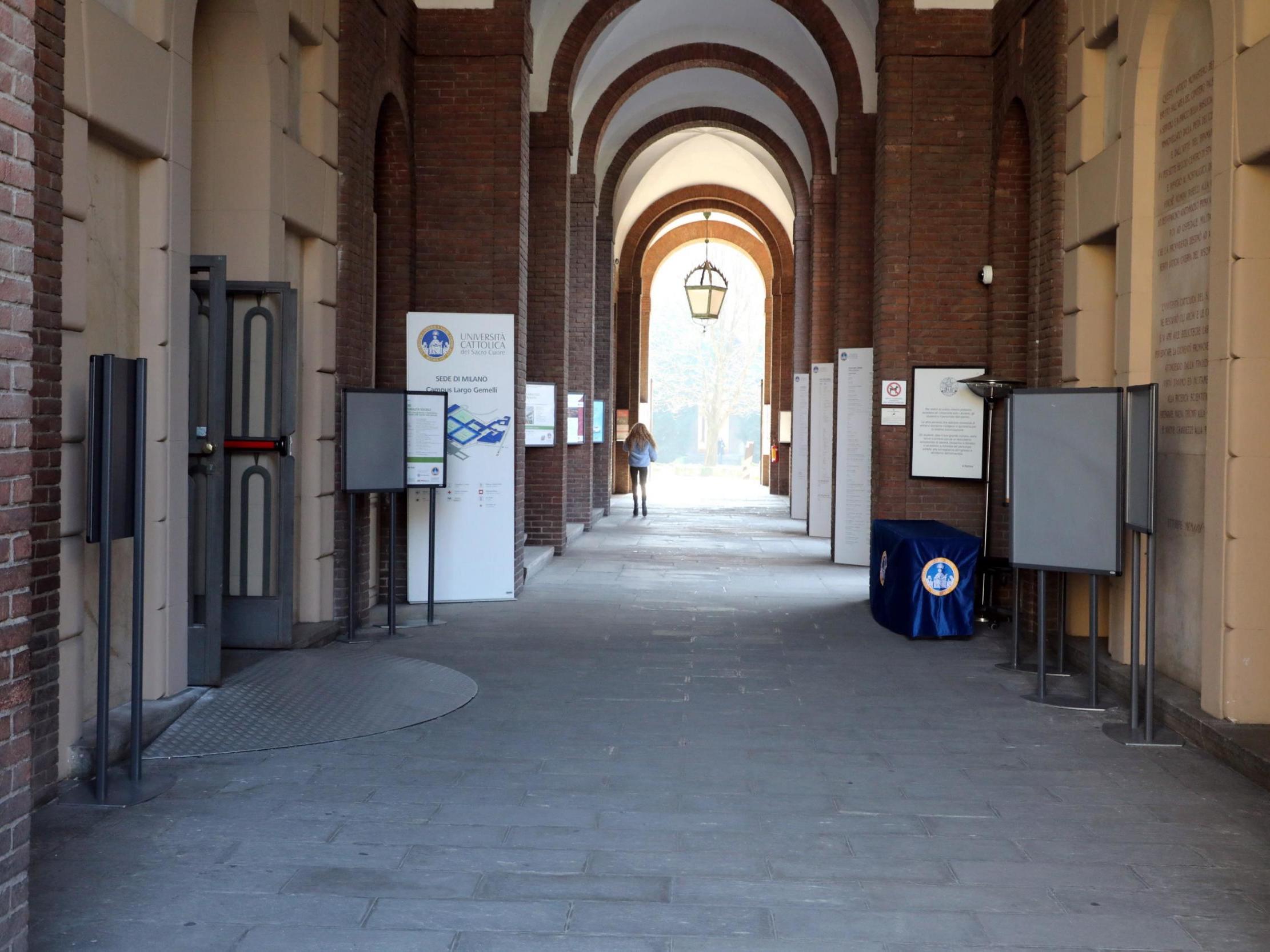 A view of the empty entrance to the UniversitÃ Cattolica (Catholic University) in Milan, northern Italy, on 24 February, 2020.