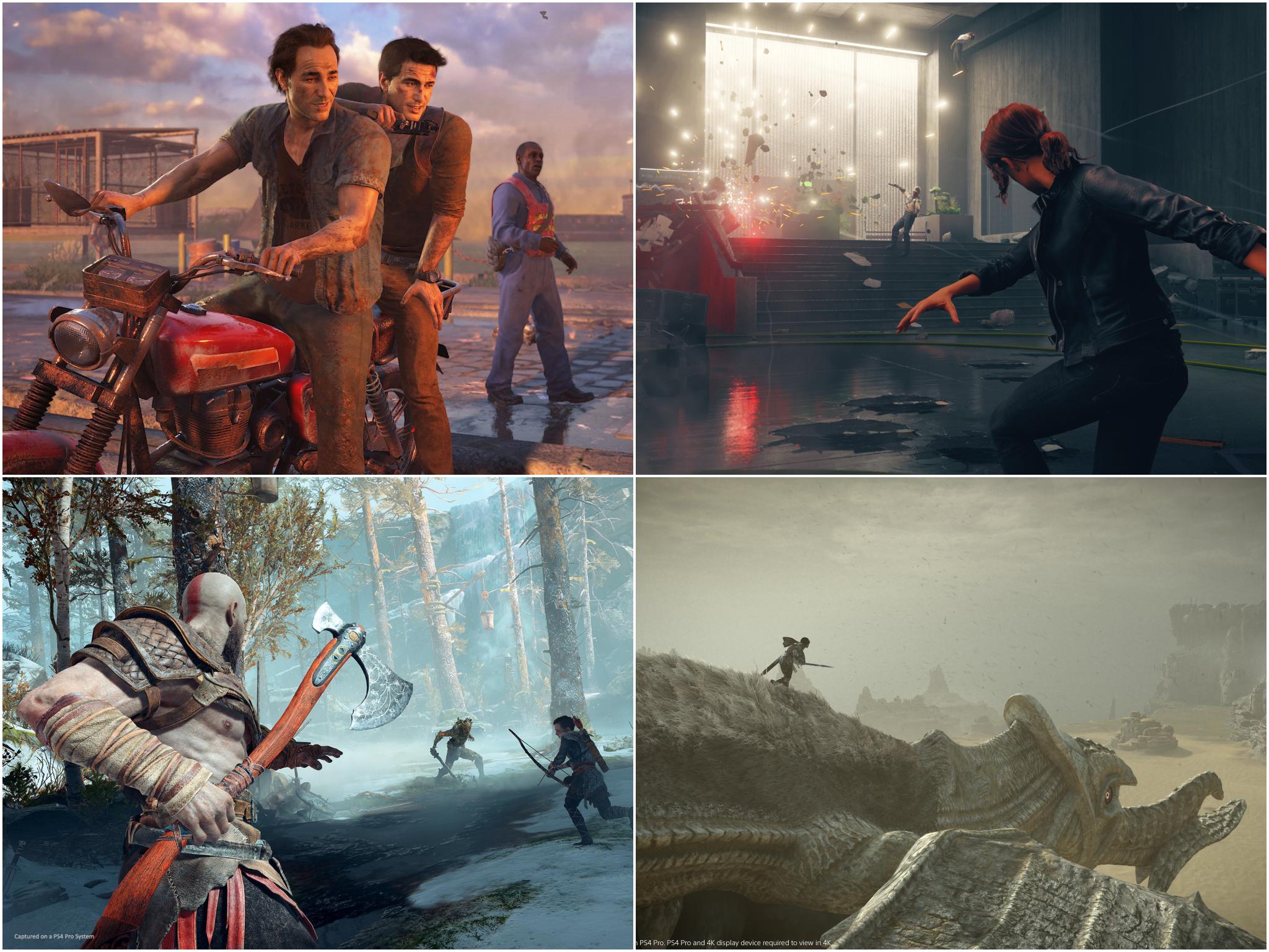 Clockwise from top left: Uncharted 4: A Thief's End, Control, Shadow of the Colossus, God of War