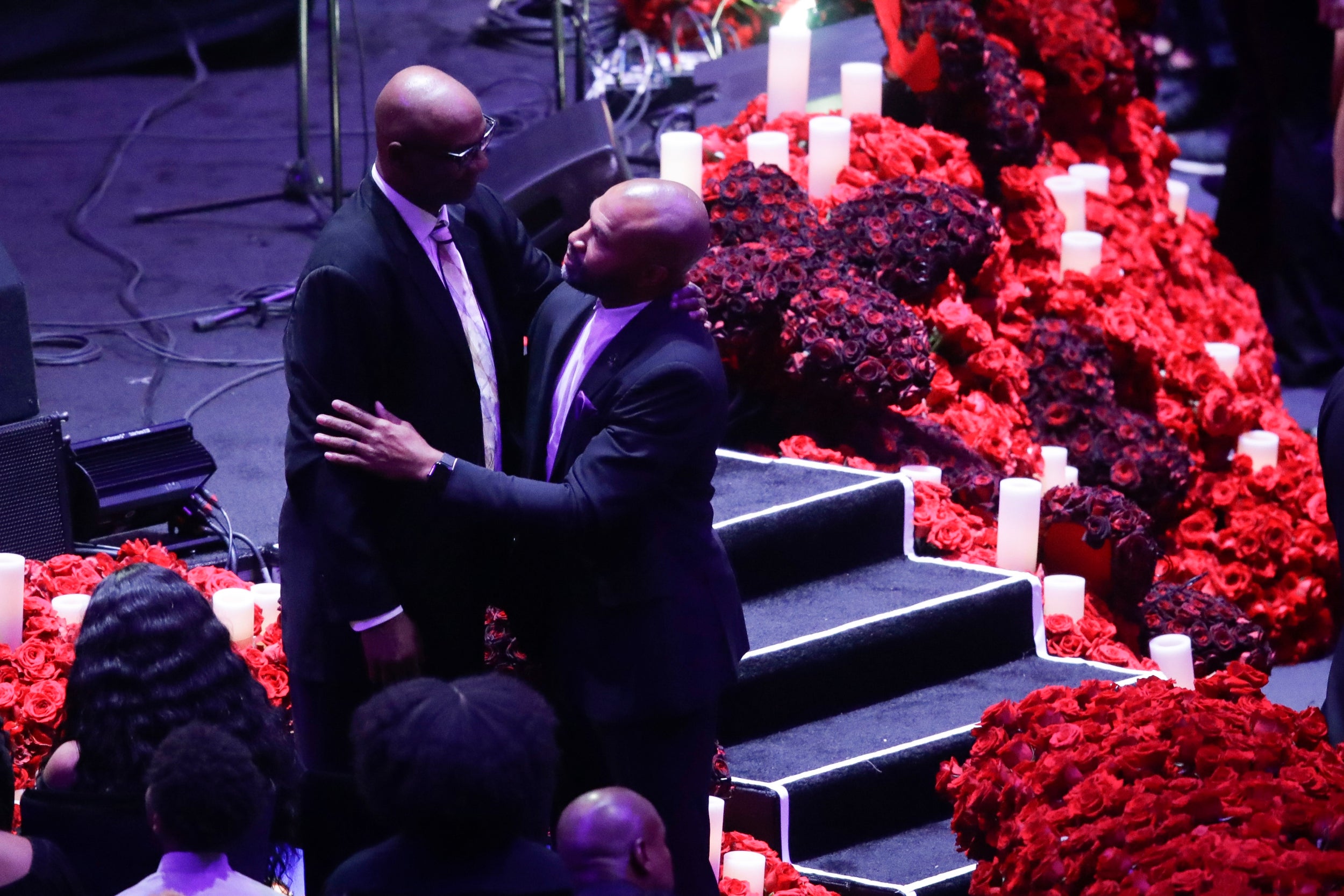 Joe Bryant and former Los Angeles Lakers' Derek Fisher arrive for a celebration of life for Kobe Bryant and his daughter Gianna in February 2020