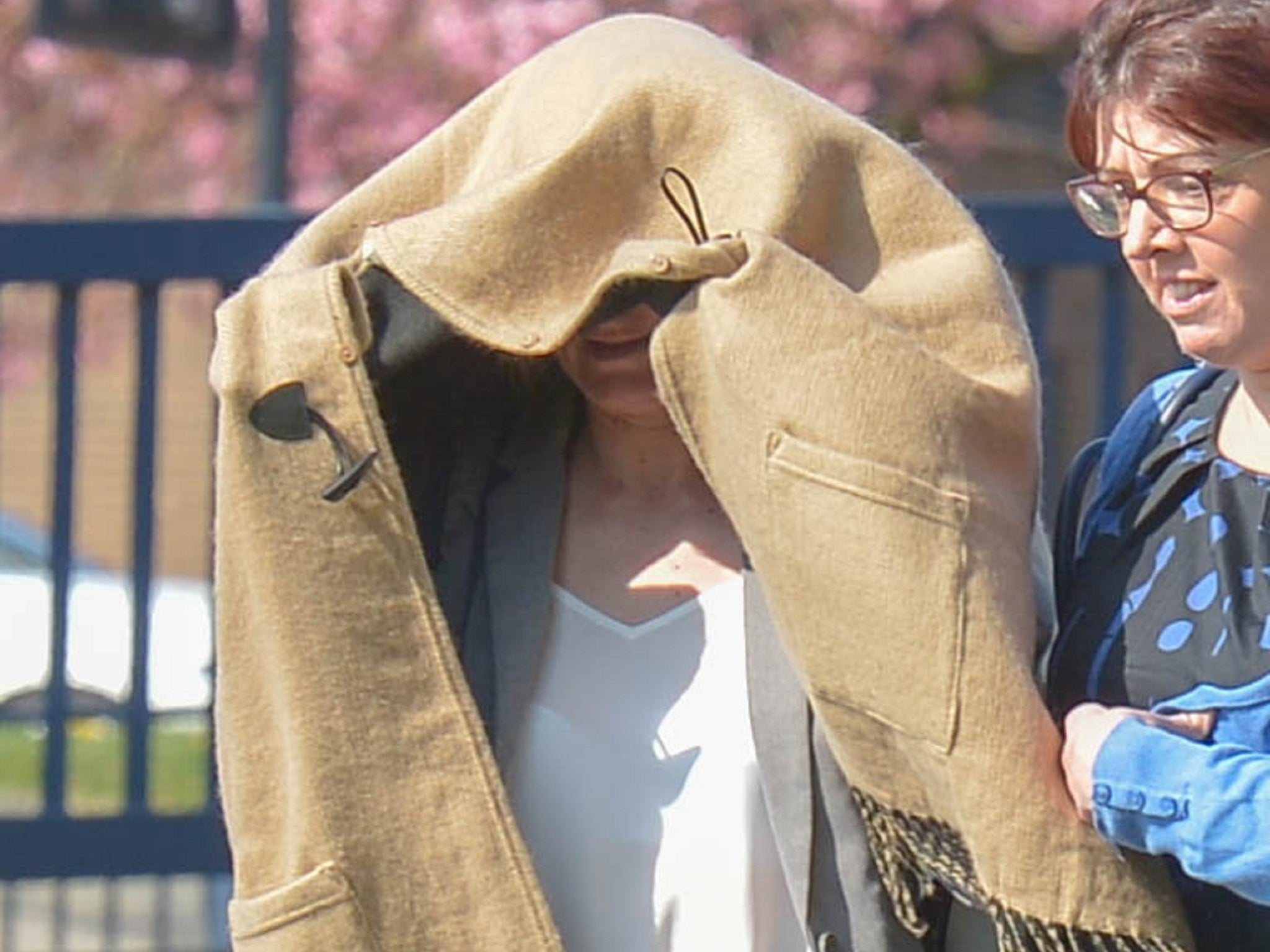 Sarah Higgins, 42, pictured leaving Huddersfield Magistrates' Court in April 2019, has been charged with manslaughter over the death of 10-month-old Skylar Giller in August 2017.