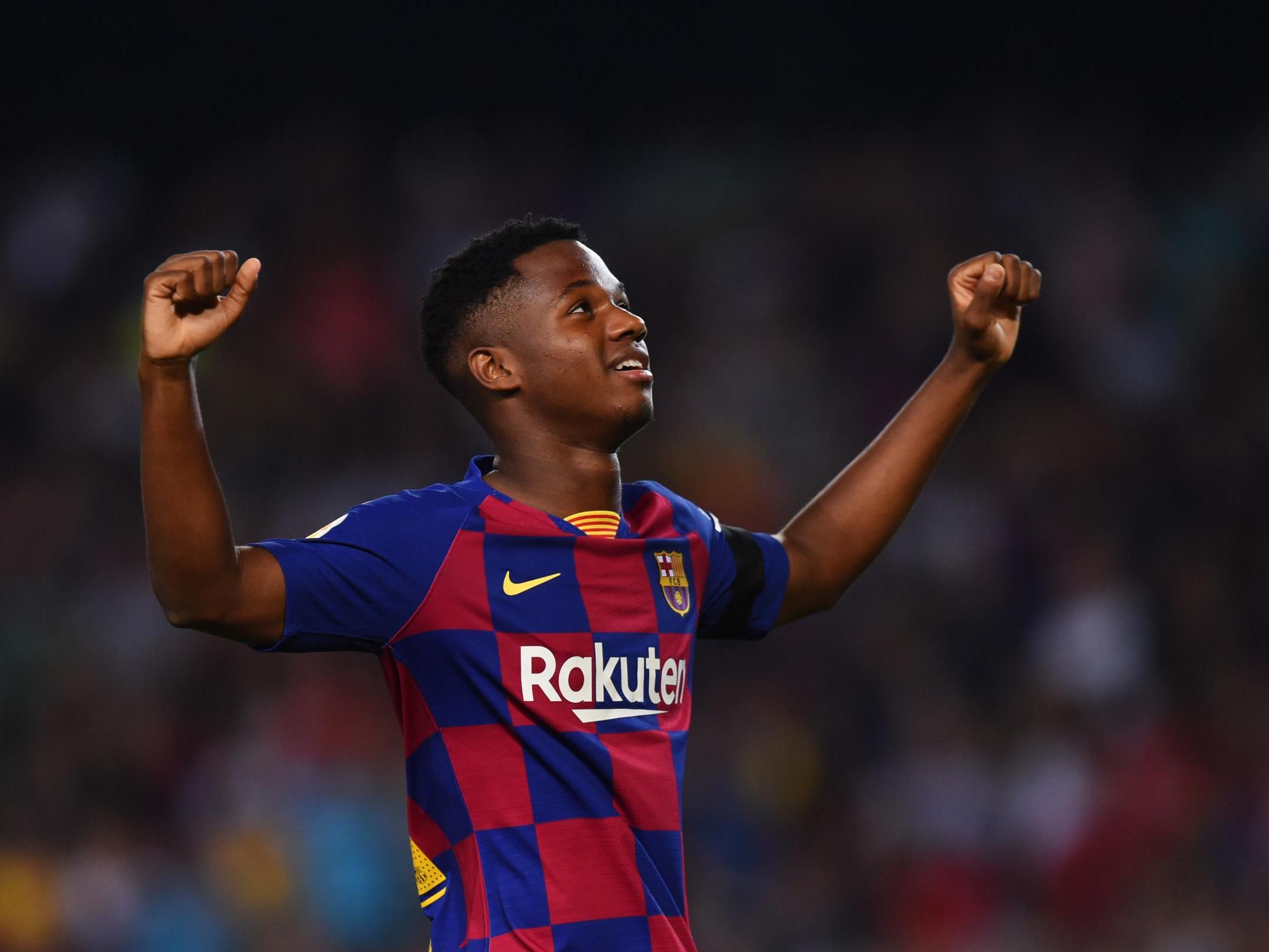 Ansu Fati celebrates scoring on his first start for Barcelona