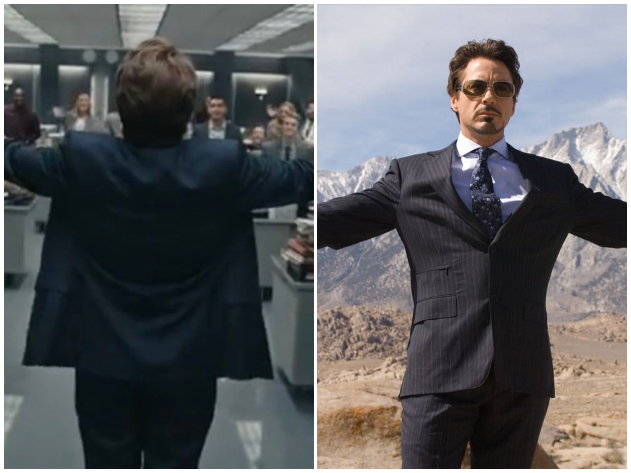 Swift matches the pose of Downey Jr's character in 'Iron Man'