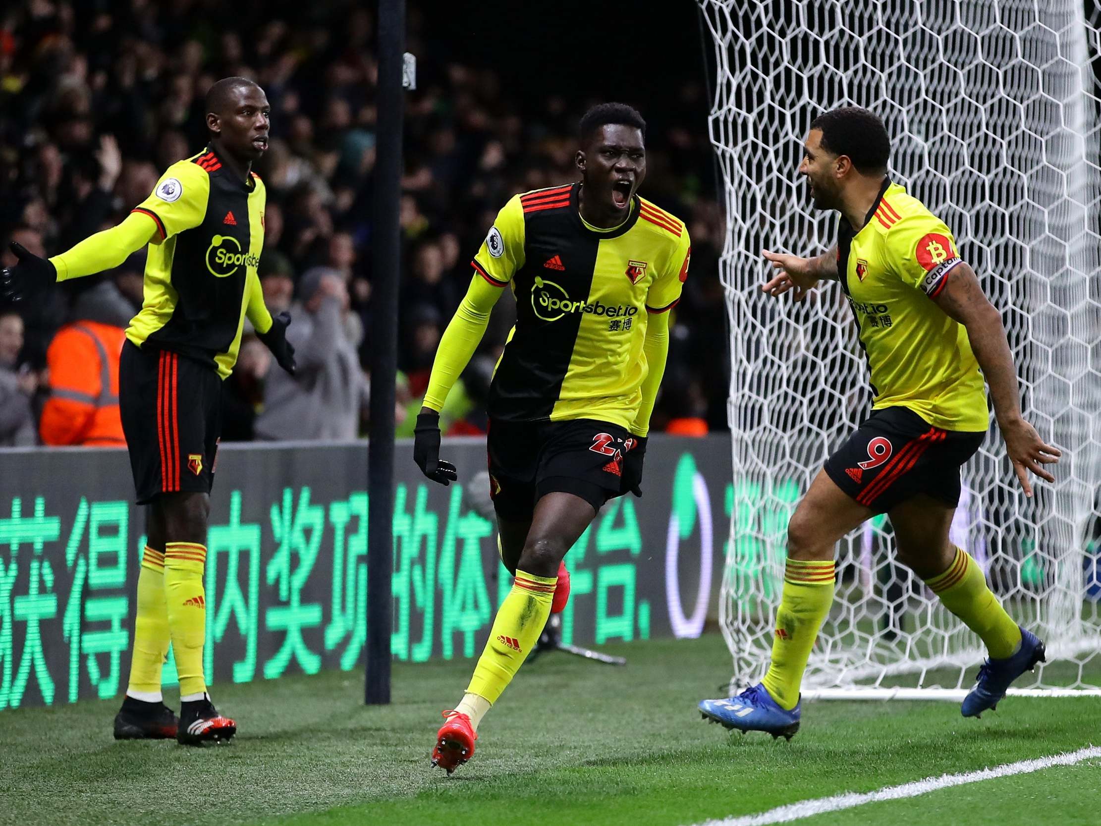 Ismaila Sarr celebrates scoring Watford's first goal