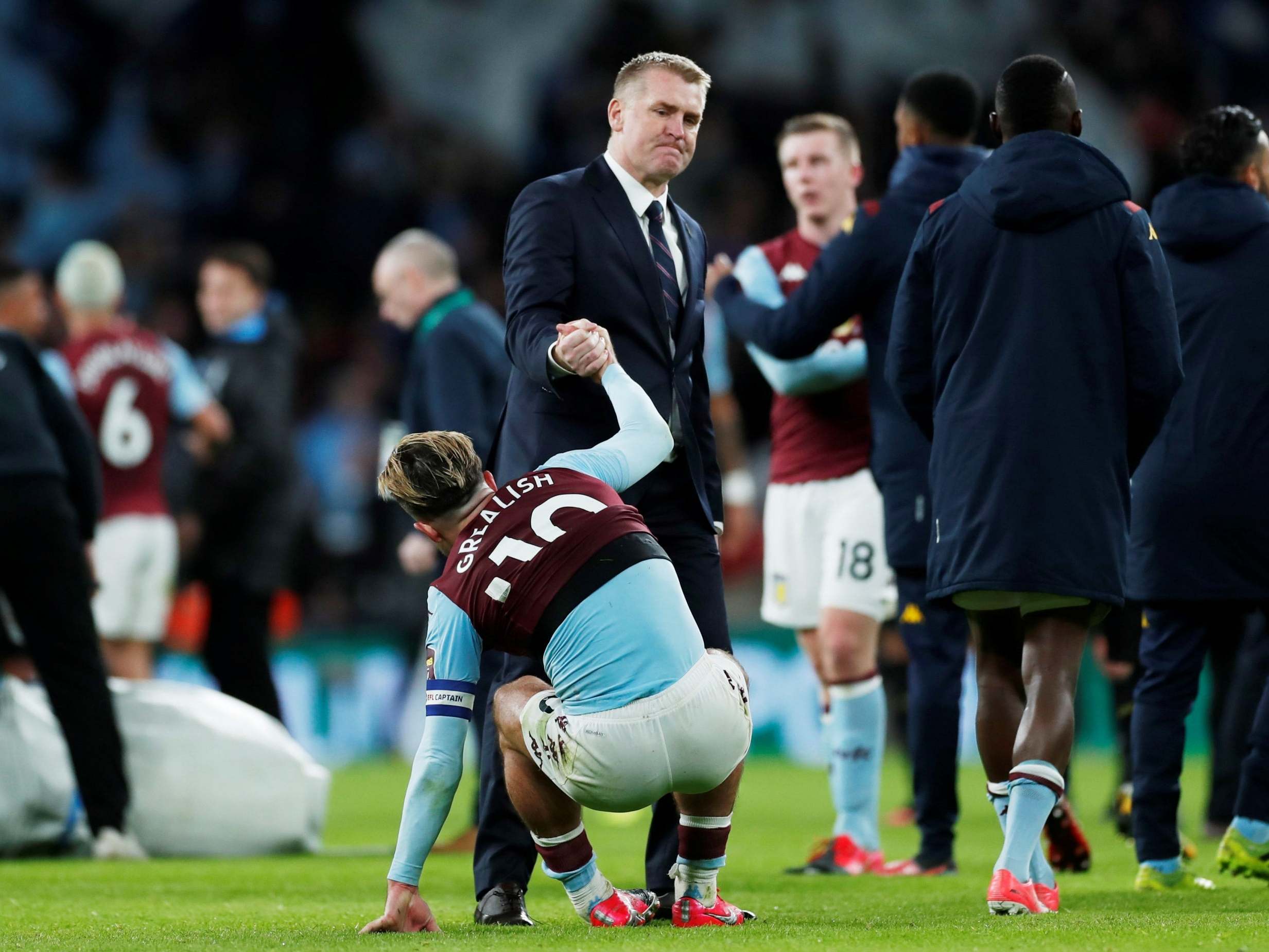 Aston Villa manager Dean Smith pulls up captain Jack Grealish