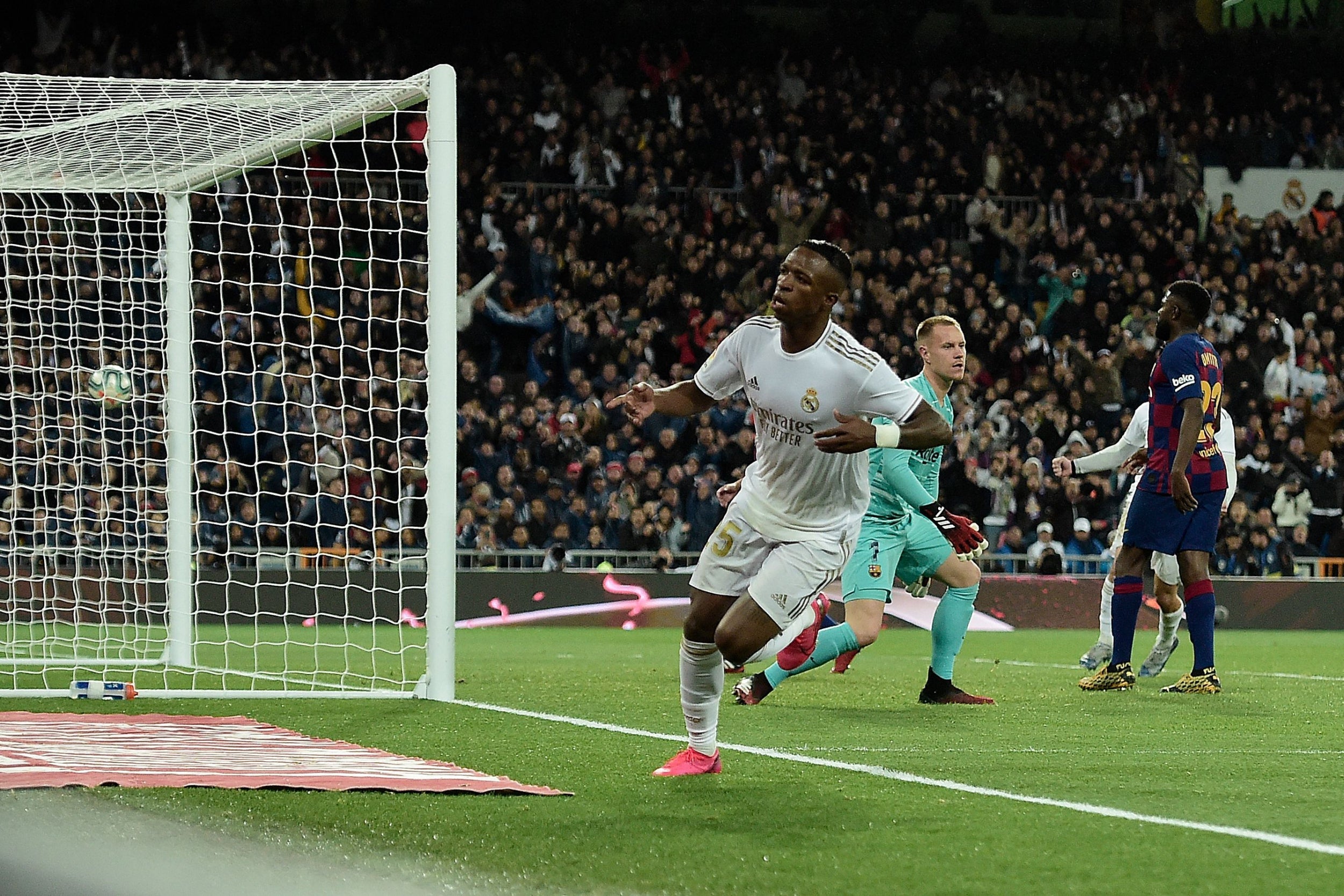 Real Madrid's Brazilian forward Vinicius Junior celebrates his goal