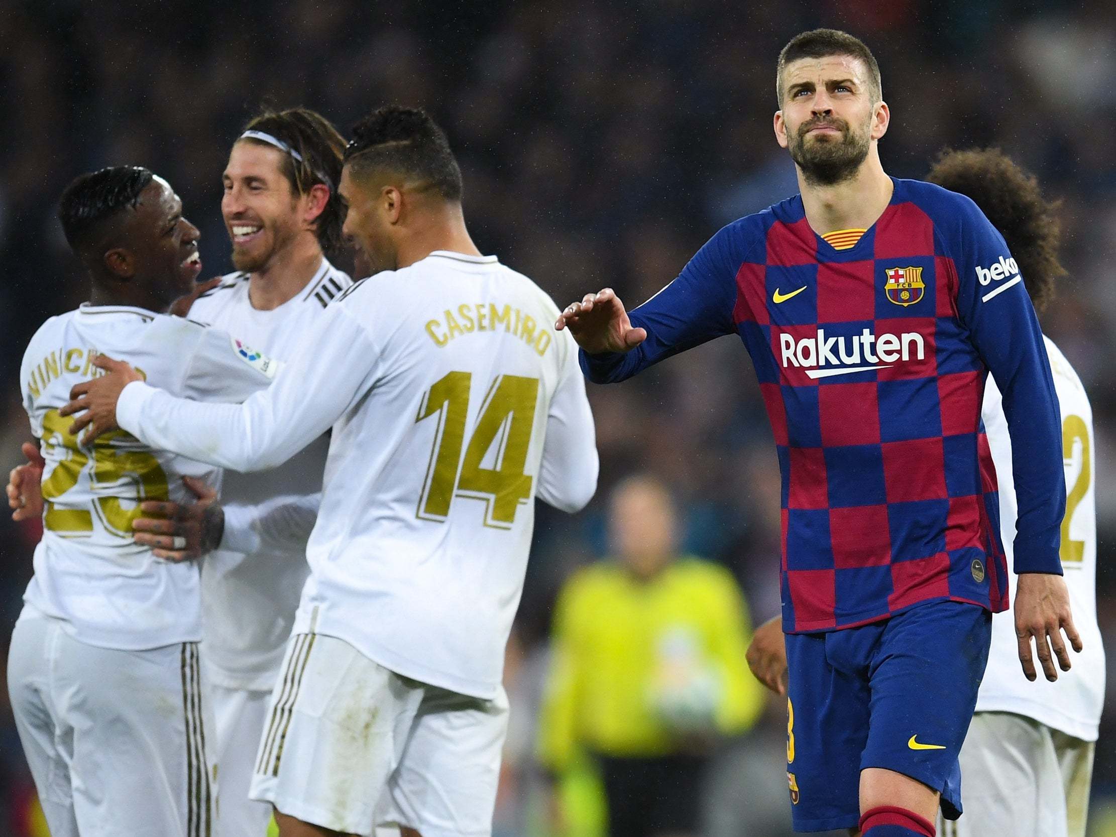 Gerard Pique of FC Barcelona acknowledges his supporters