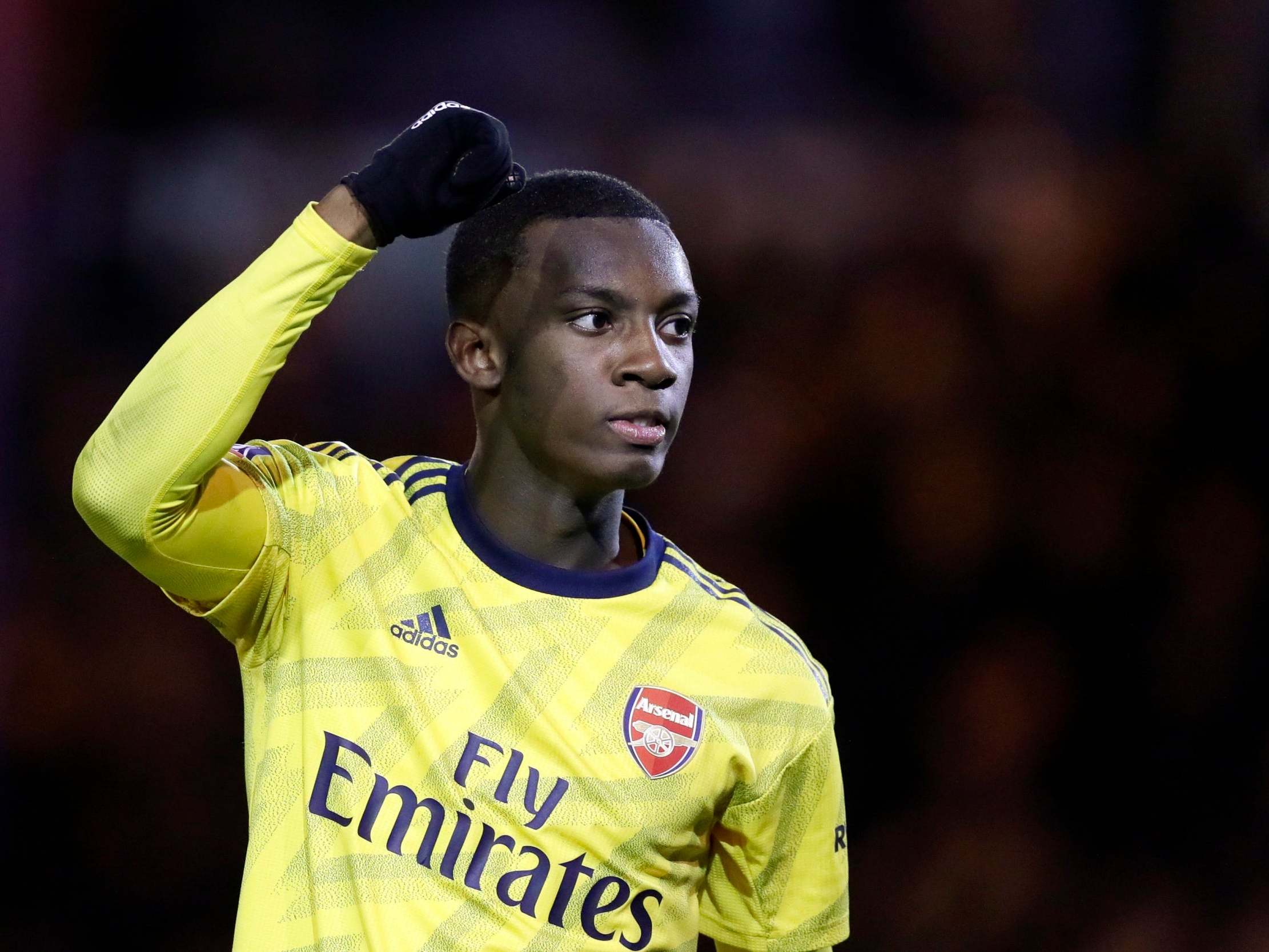 Eddie Nketiah celebrates at the end of the FA Cup fifth round