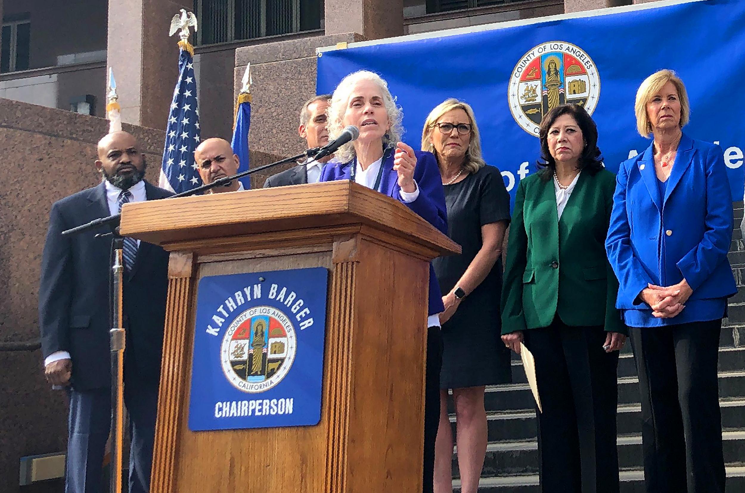 Dr Barbara Ferrer, director of the Los Angeles County Department of Public Health, announces that six new cases of the coronavirus have been confirmed in the county, where there was one previously (AP)