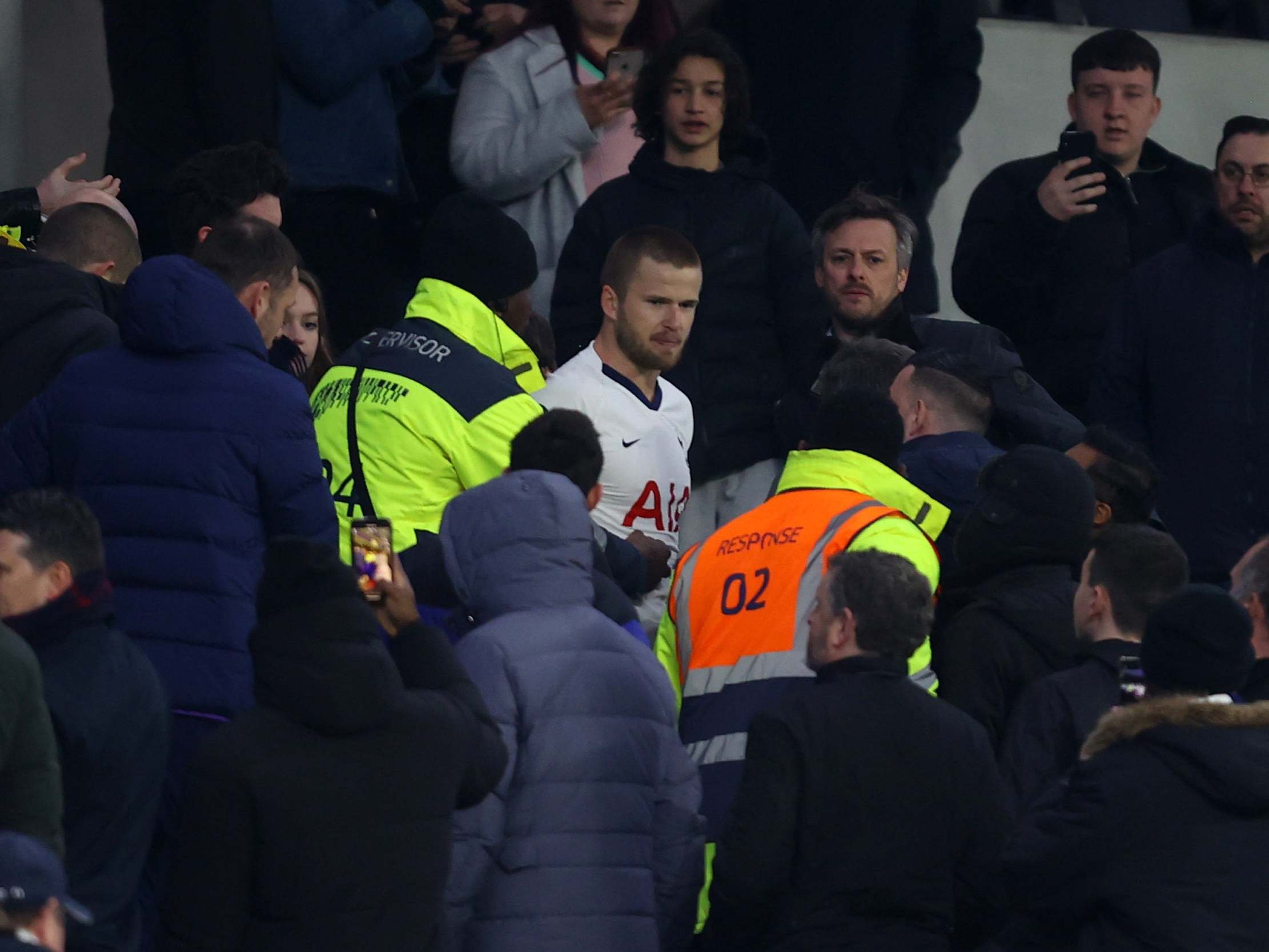 Eric Dier is pictured in the west stand after the game (Getty)