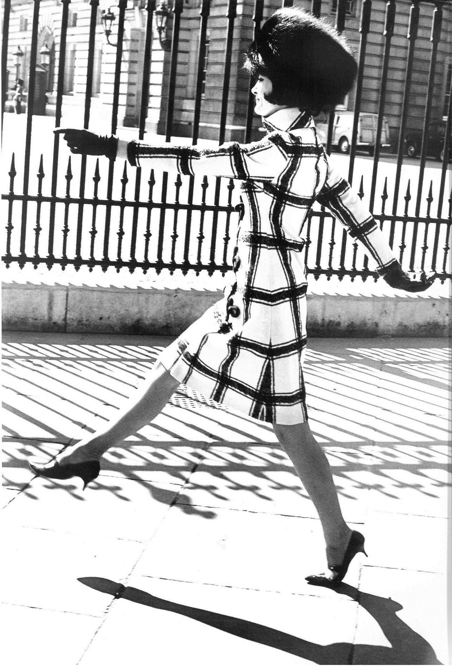 Marie-France modelling dress in 'Stealing a March on the Guards' in ‘The Observer’, 1961 (John Cowan Archive via V&amp;A Dundee)