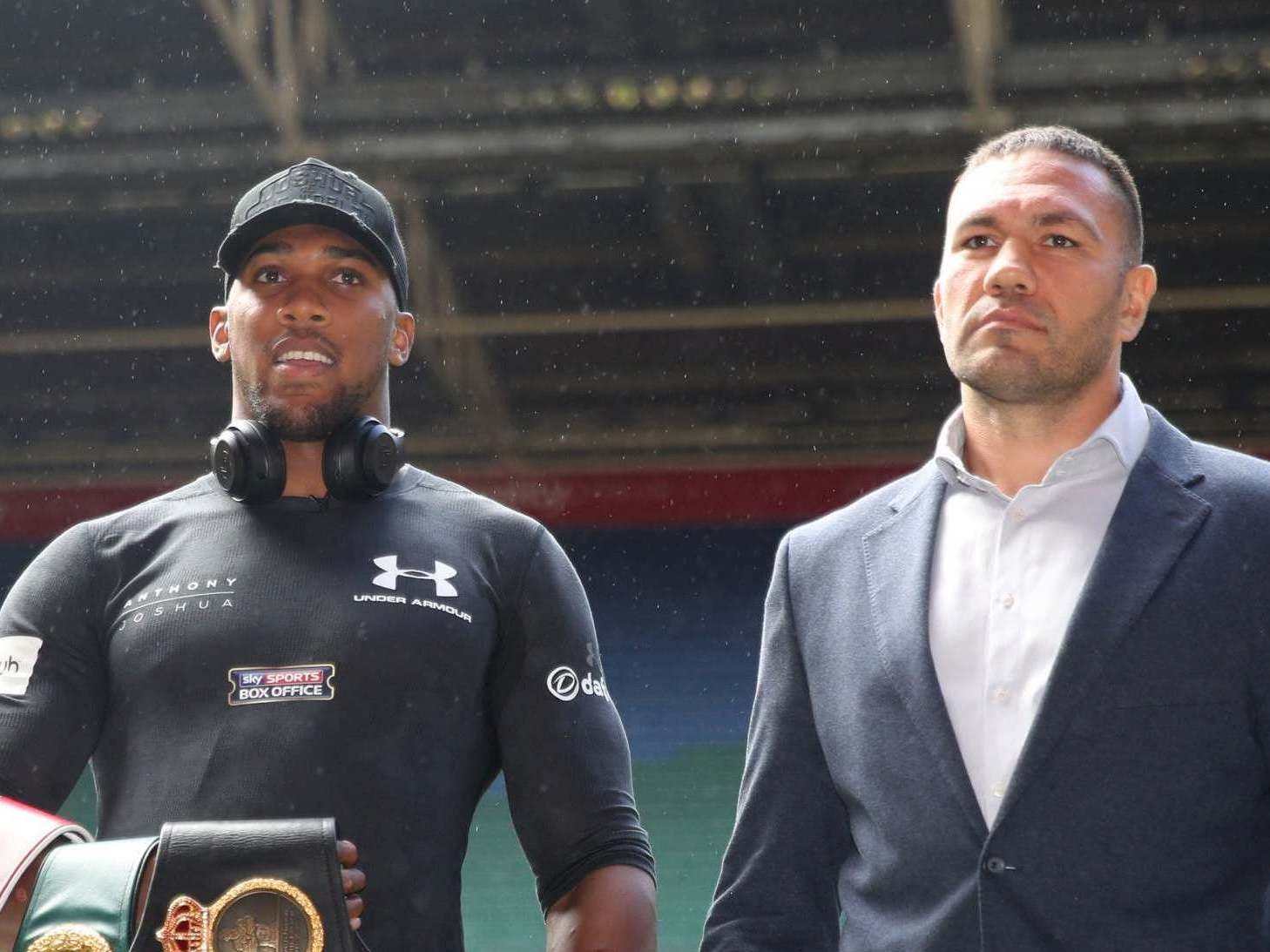 Anthony Joshua (left) and upcoming challenger Kubrat Pulev